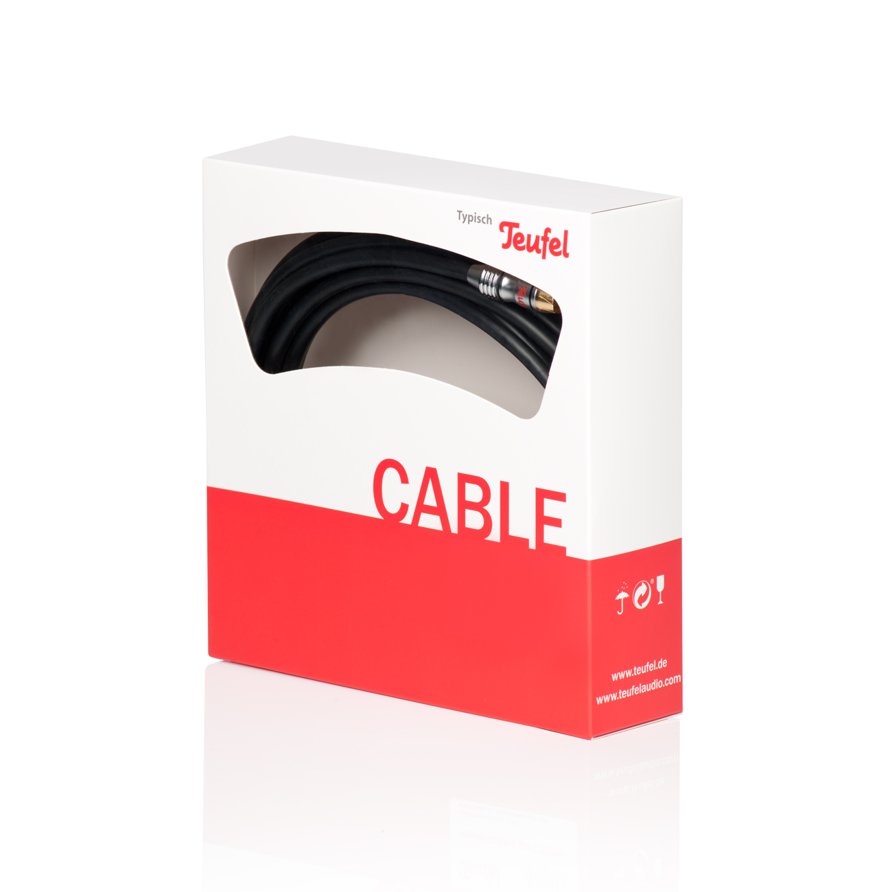 Weiße Box mit rotem Streifen und dem Wort CABLE.