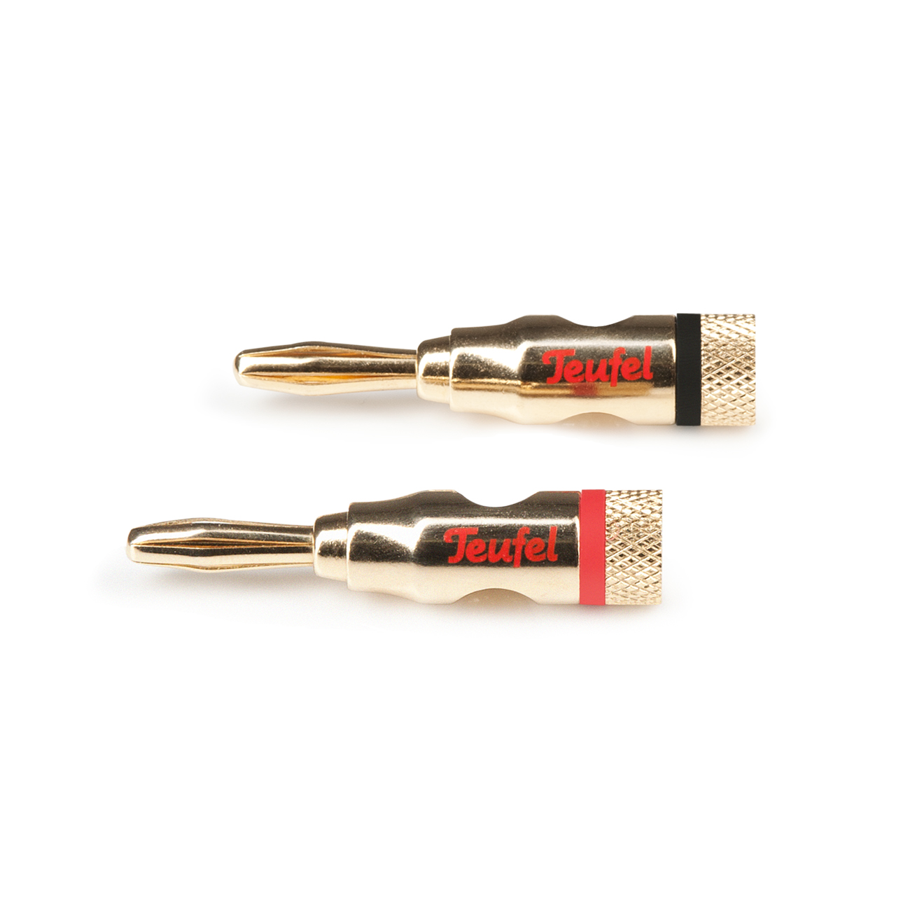 Zwei goldfarbene Bananenstecker mit dem Markennamen "Teufel" in Rot.