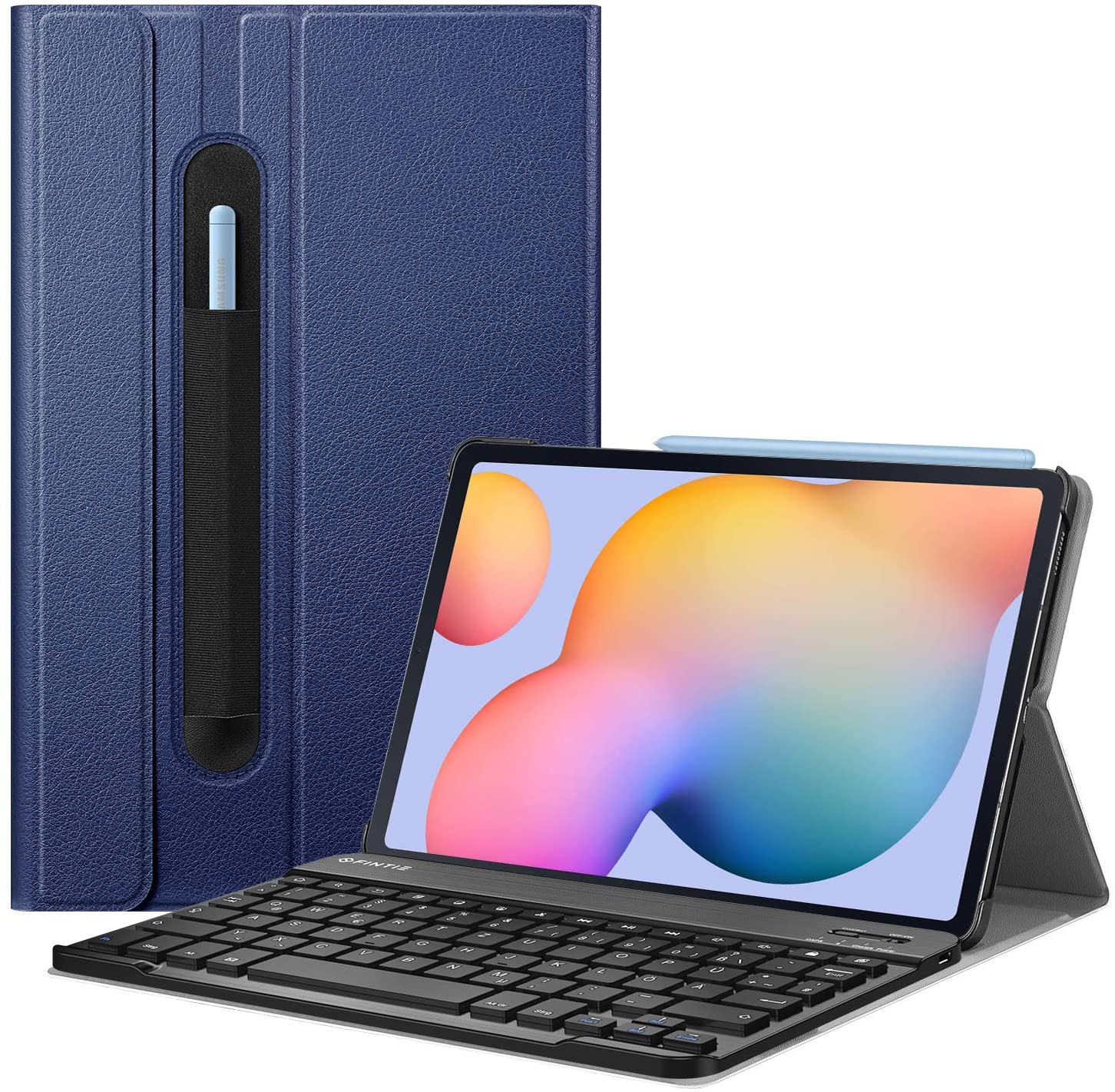 Tablet mit Tastatur, blauem Gehäuse und Stift. Der Bildschirm zeigt ein farbenfrohes abstraktes Design.