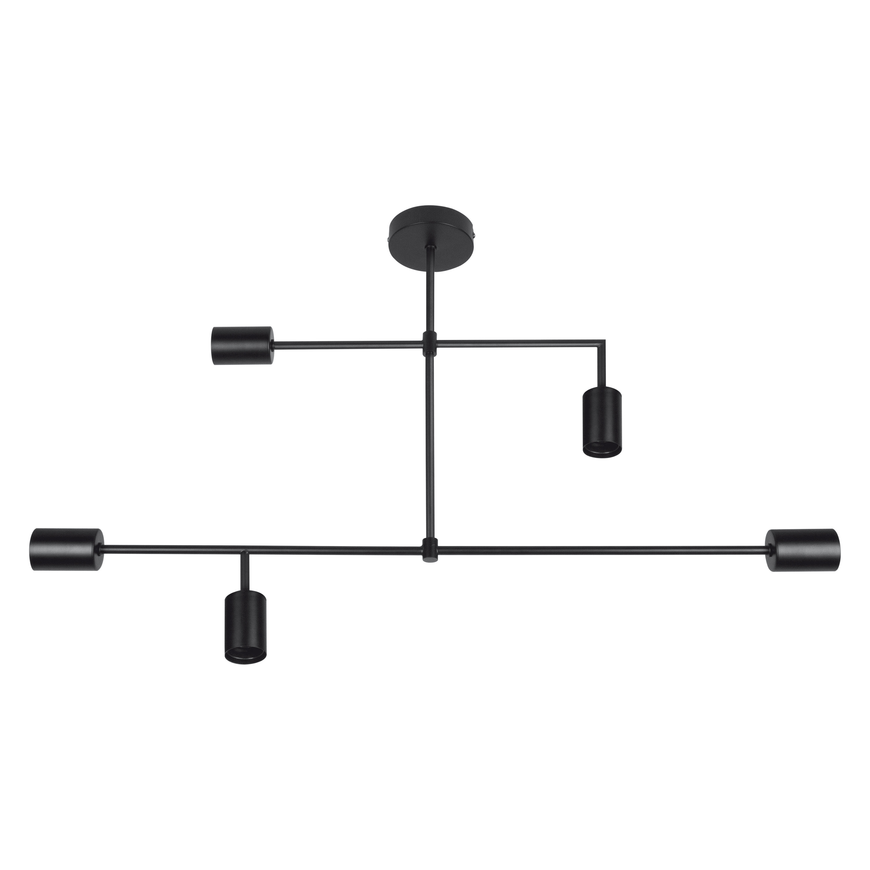 Lampada da soffitto nera. Aste orizzontali con più lampade rivolte verso il basso.