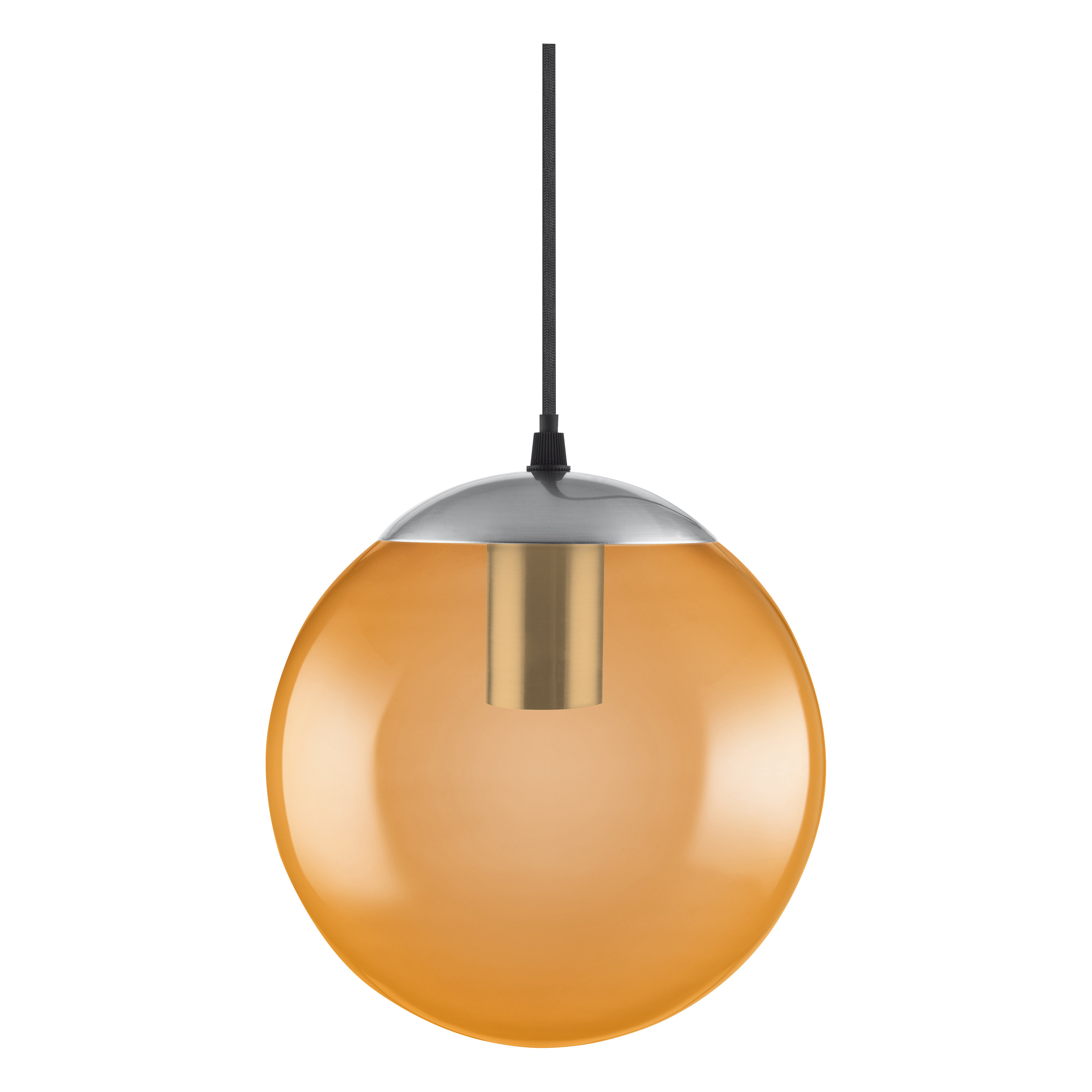 Orangefarbene Glas-Pendelleuchte. Chrom-Oberteil. Schwarzes Kabel.