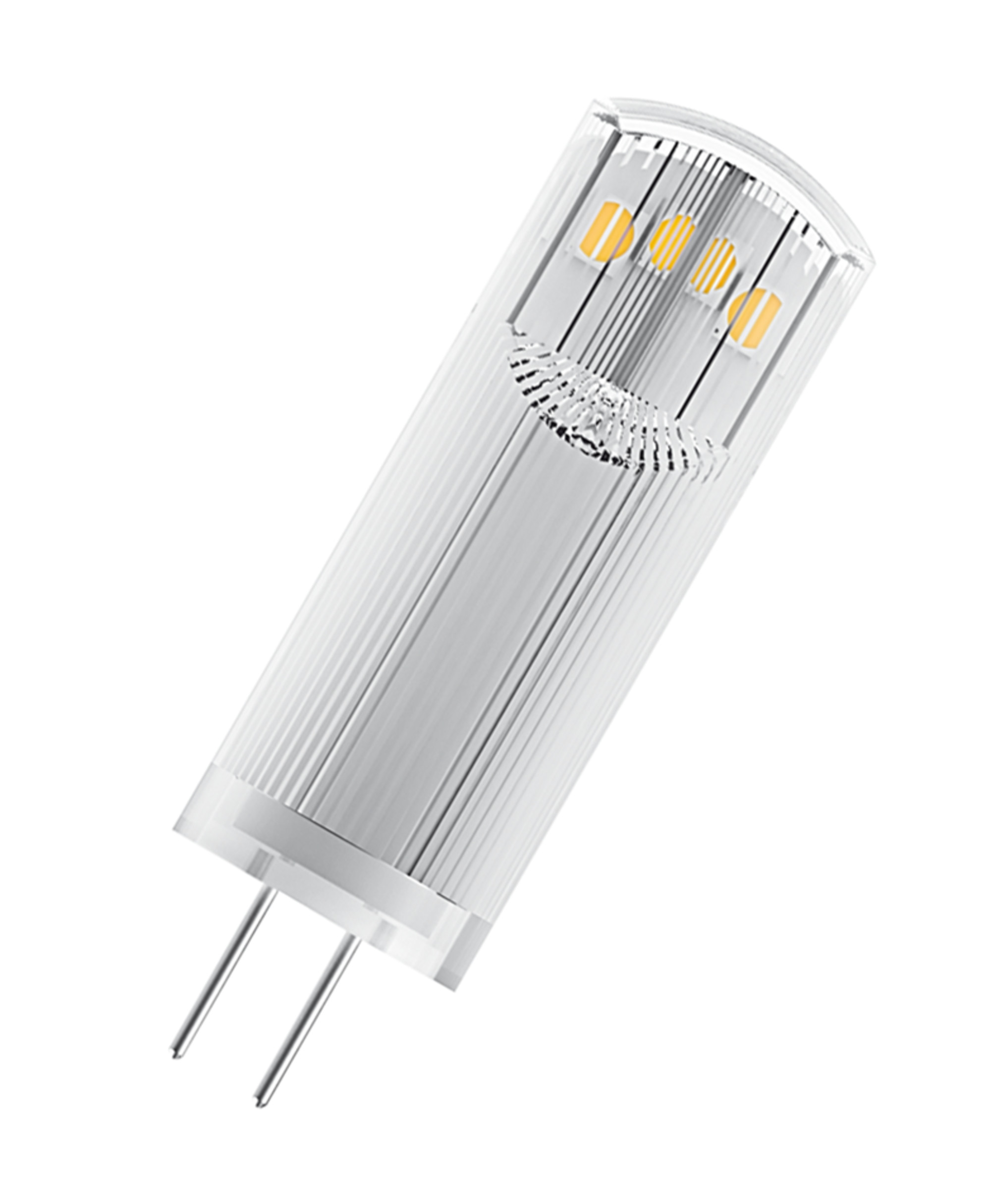 Eine kleine LED-Glühbirne mit 3 sichtbaren bernsteinfarbenen LEDs und zwei Pins. Die Birne ist klar.