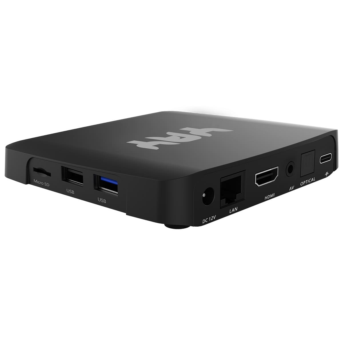 Schwarze Set-Top-Box mit verschiedenen Anschlüssen: Micro SD, USB, LAN, HDMI, AV und Optical.