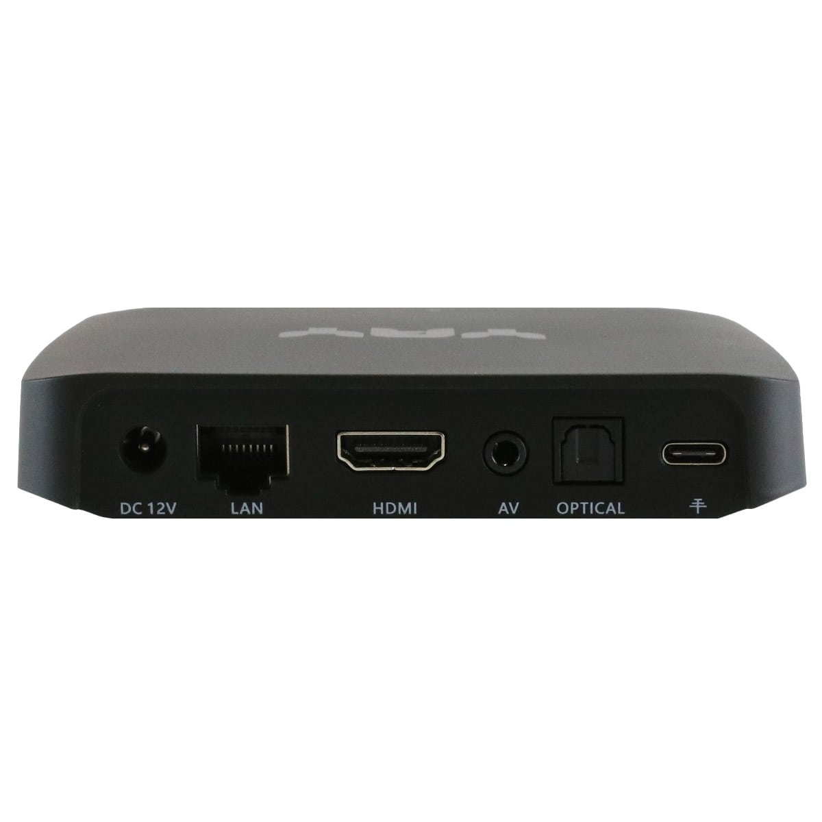 Schwarze Medienbox mit Anschlüssen: DC, LAN, HDMI, AV, Optical und USB-C.