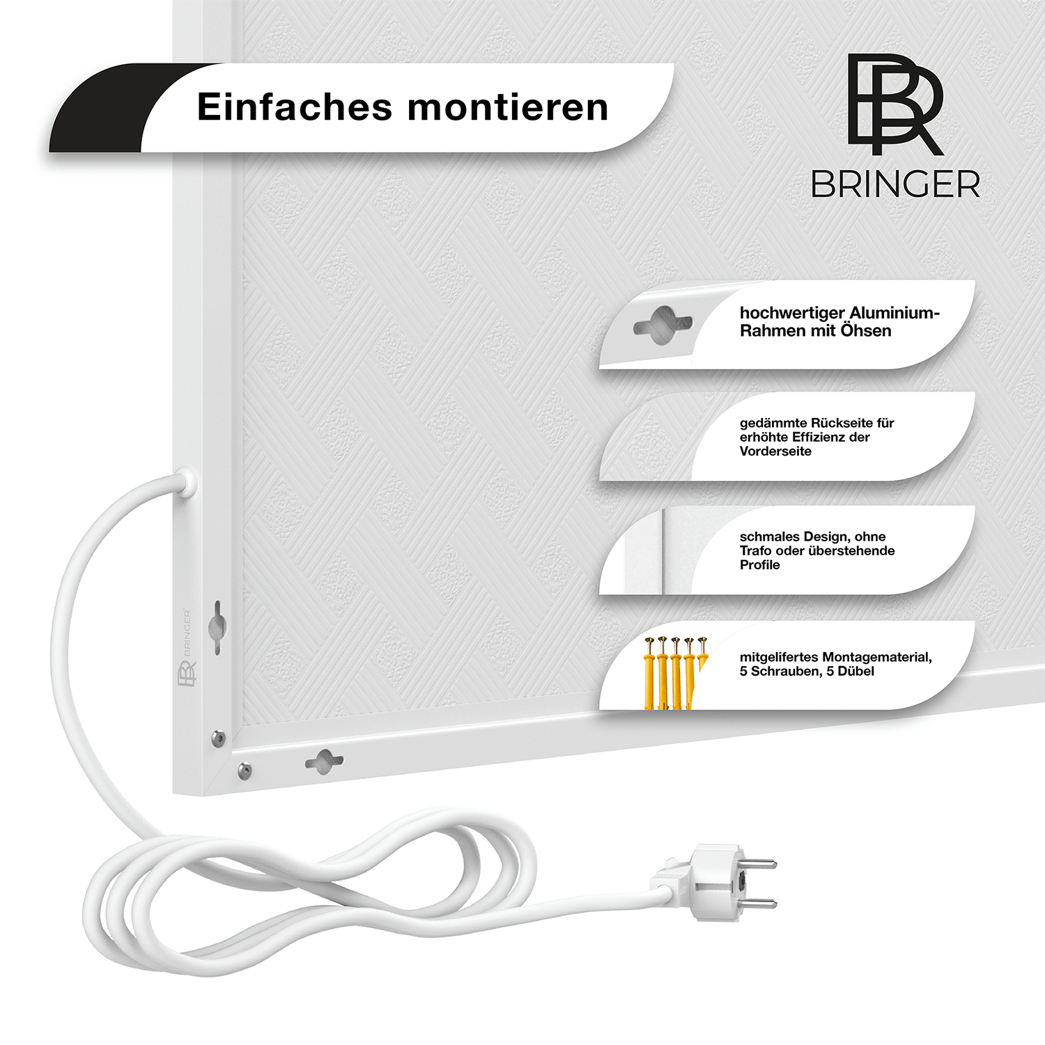Weißes Panel mit Text und Diagrammen. Text: Einfache Montage. Diagramm: Montageanleitung.