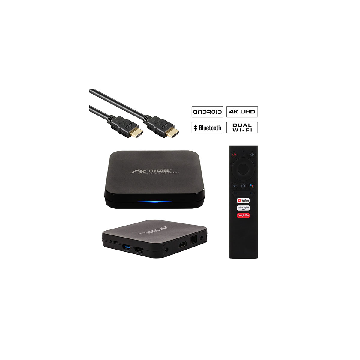 Schwarze Android TV-Box mit Fernbedienung, Kabeln und Etiketten für Funktionen.