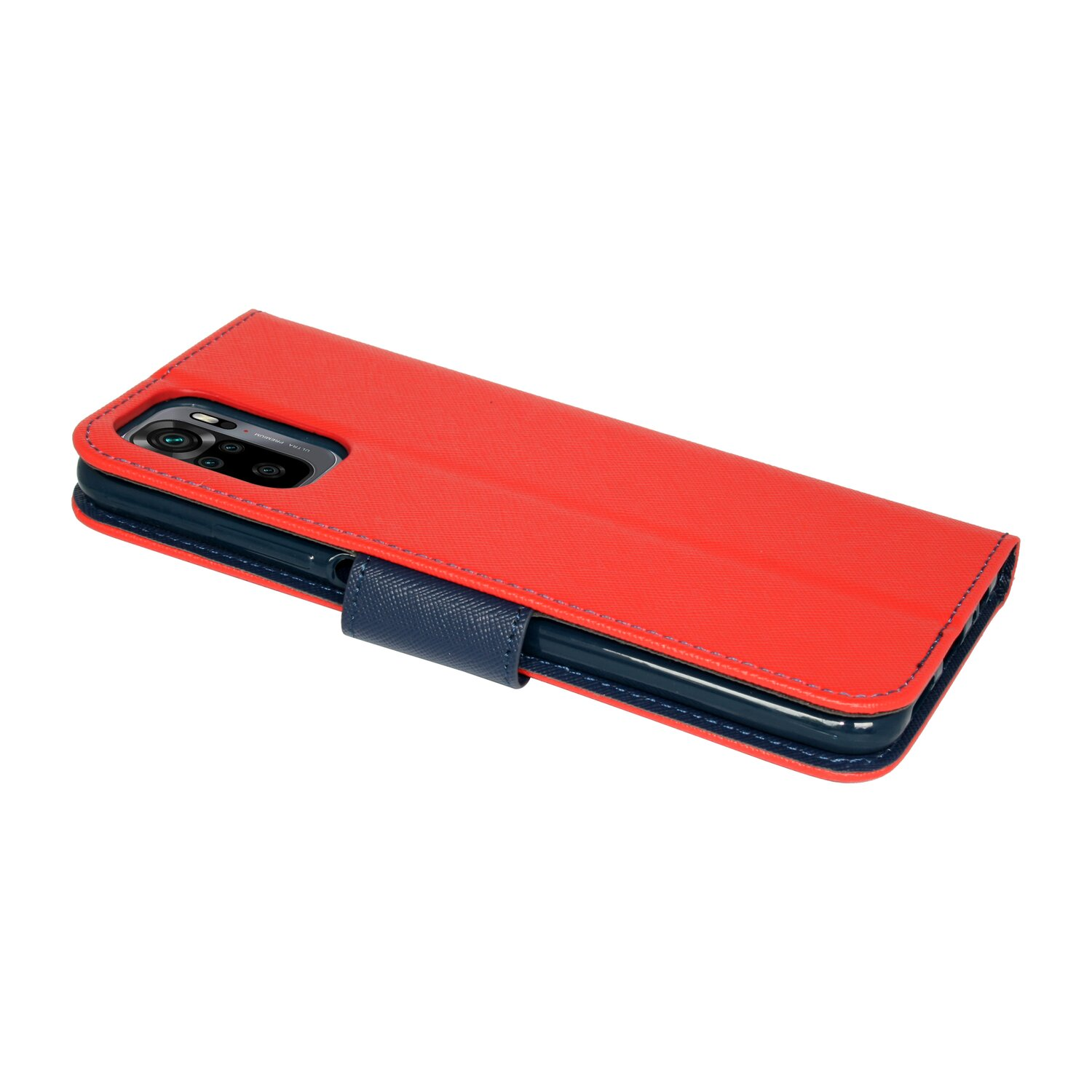 Eine rote Handyhülle mit blauem Riemen. Das Telefon befindet sich im Inneren.
