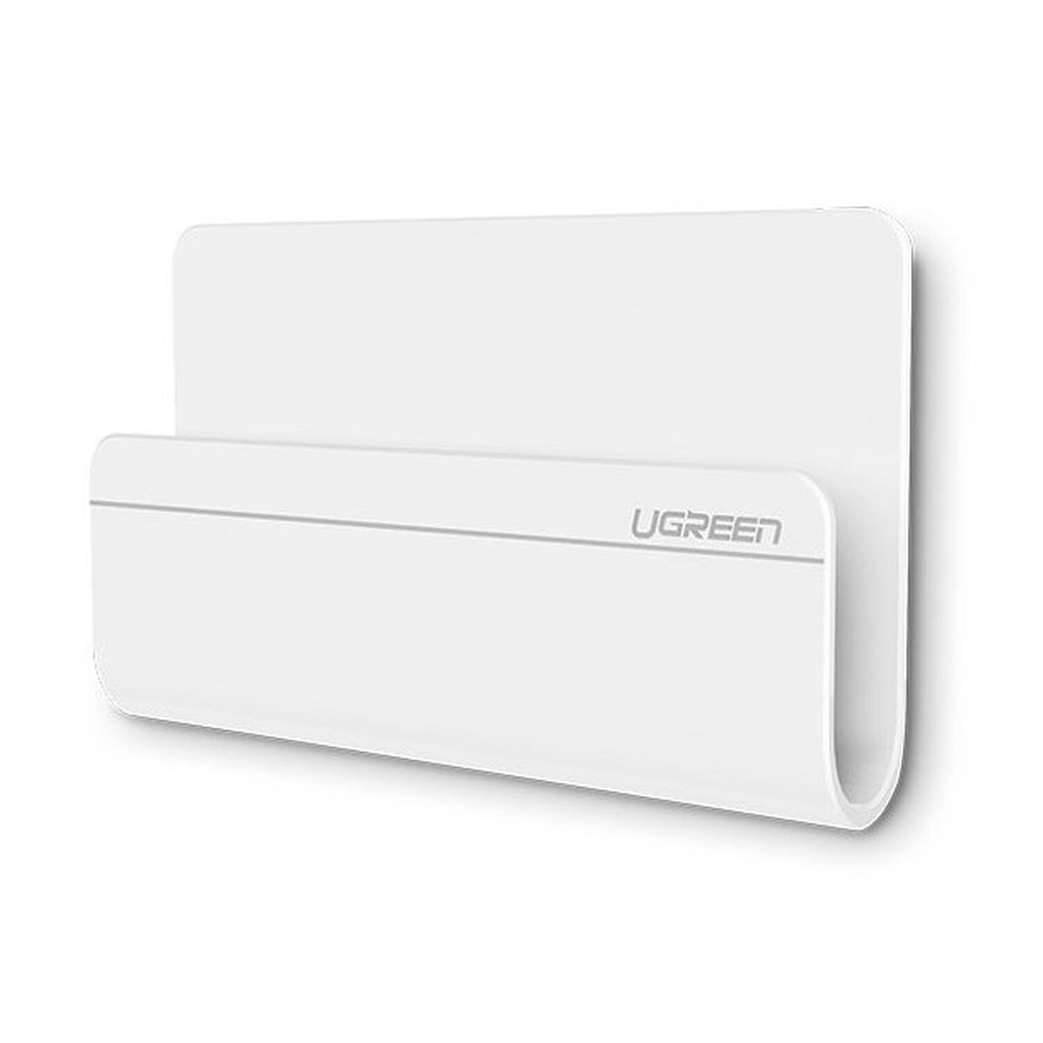 Weißer Wand-Telefonhalter mit UGREEN-Logo. Klares Design mit einer gebogenen Öffnung.