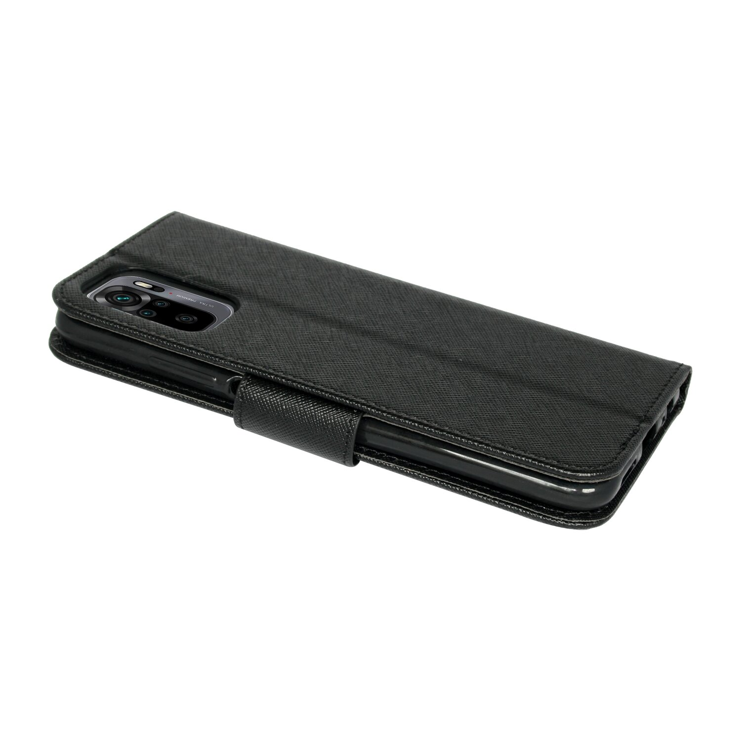 Schwarze Handyhülle mit Telefon darin. Weißer Hintergrund, Lederstruktur.