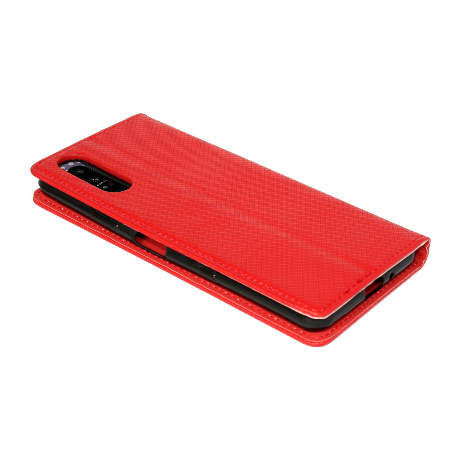Eine offene rote Handyhülle mit einem Telefon darin.