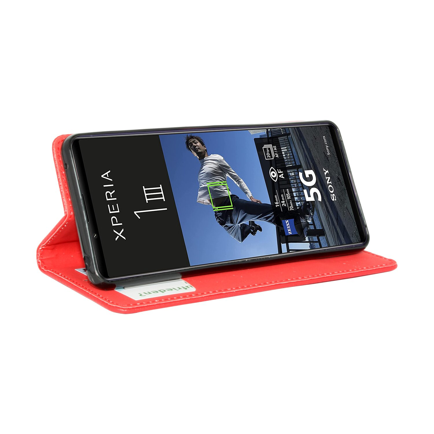 Rote Handyhülle mit Telefon, das einen springenden Mann zeigt. Weißer Hintergrund.