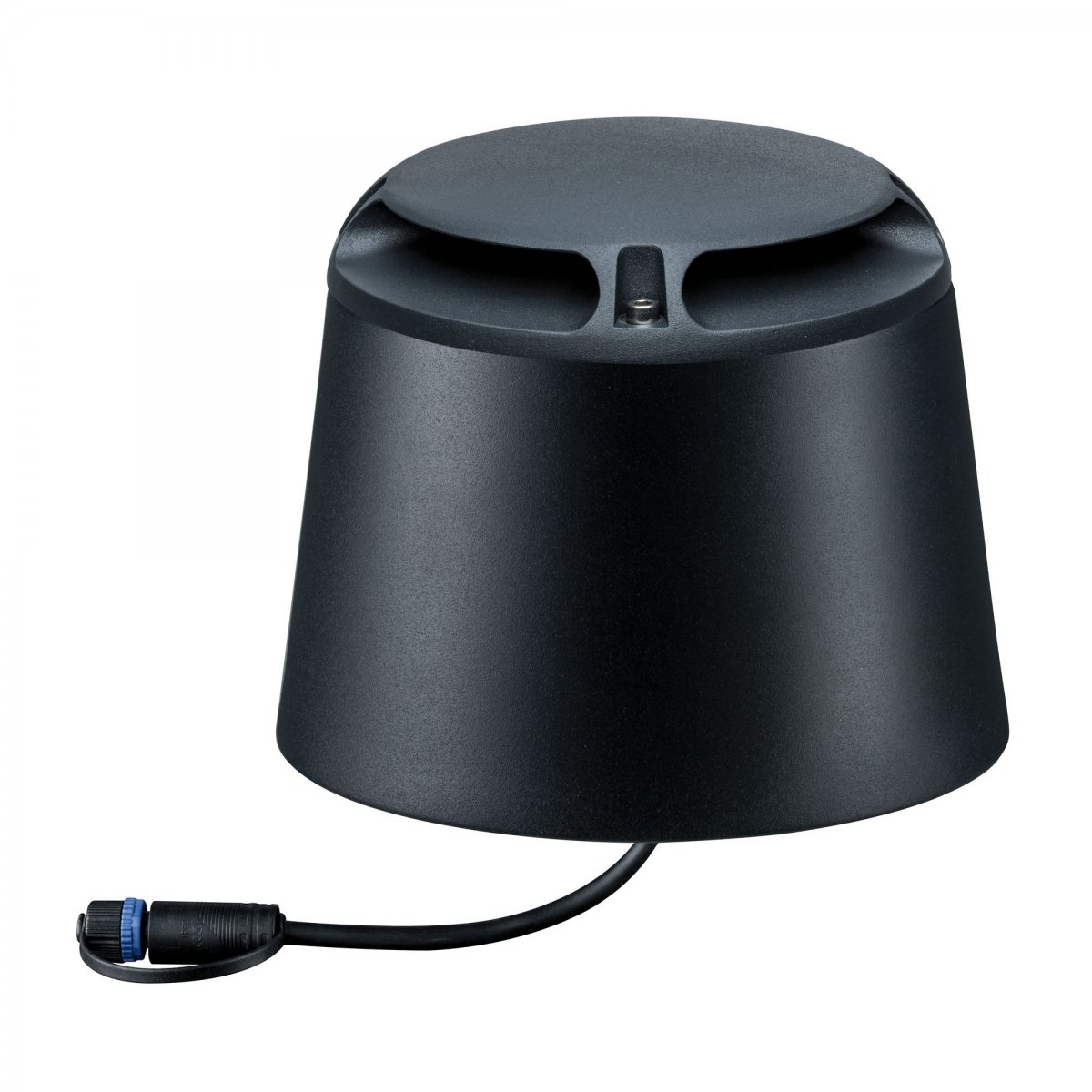 Czarny głośnik zewnętrzny. Cylindryczny kształt z płaskim wierzchem i kablem.