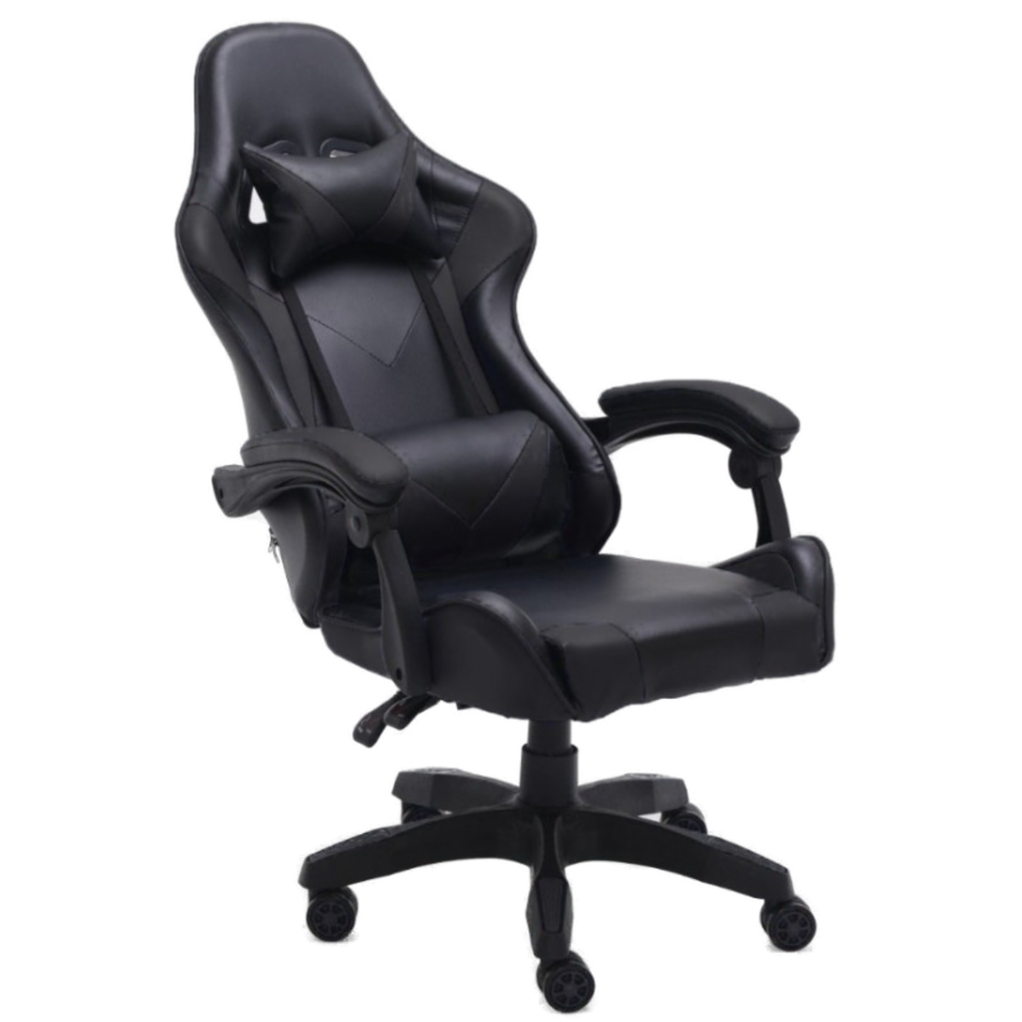 Czarny fotel gamingowy z zagłówkiem i podłokietnikami, na czarnym tle.