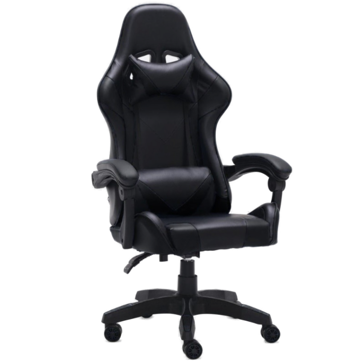 Czarny fotel gamingowy na czarnym tle.