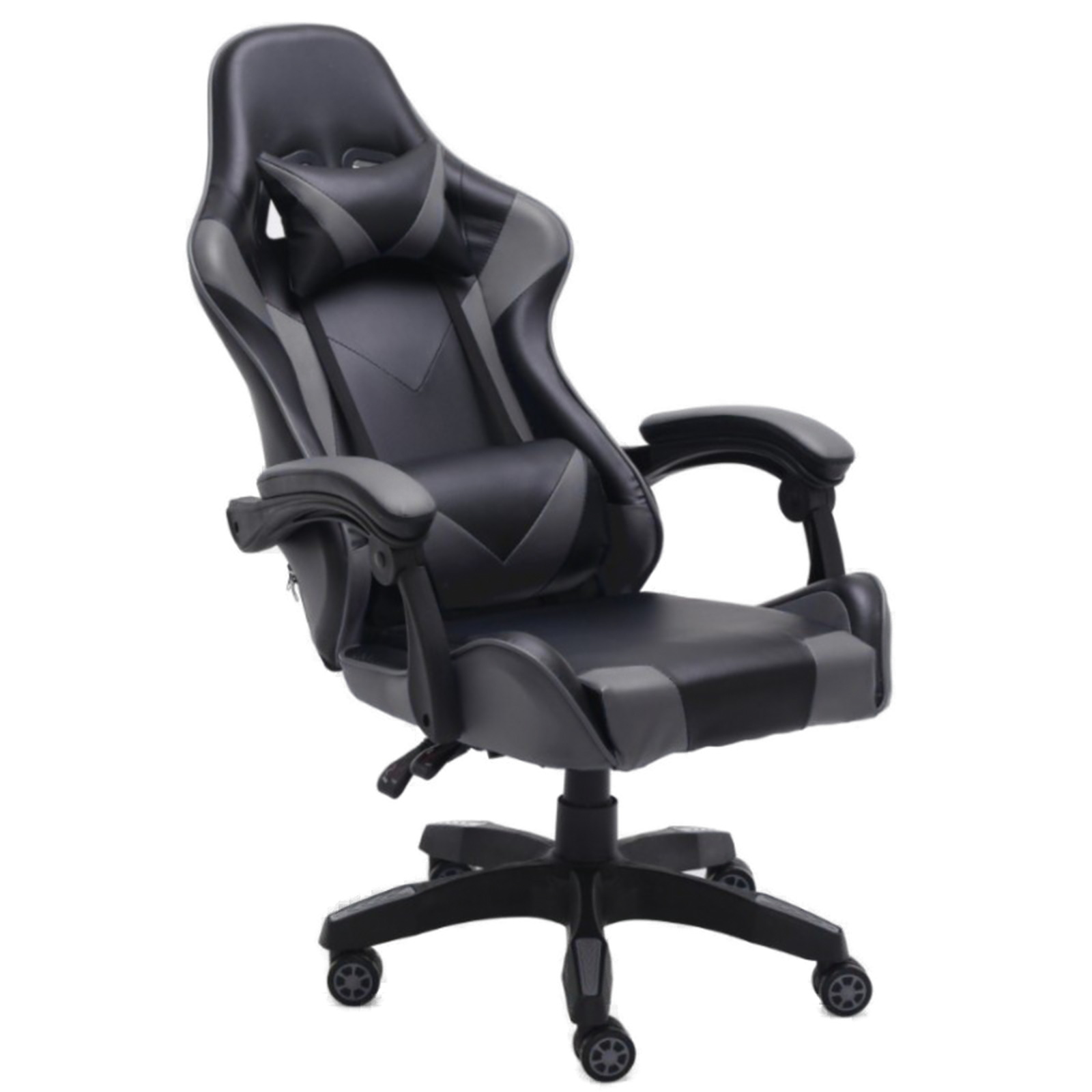 Czarny i szary fotel gamingowy, ergonomiczny design, podstawa z pięcioma kołami.