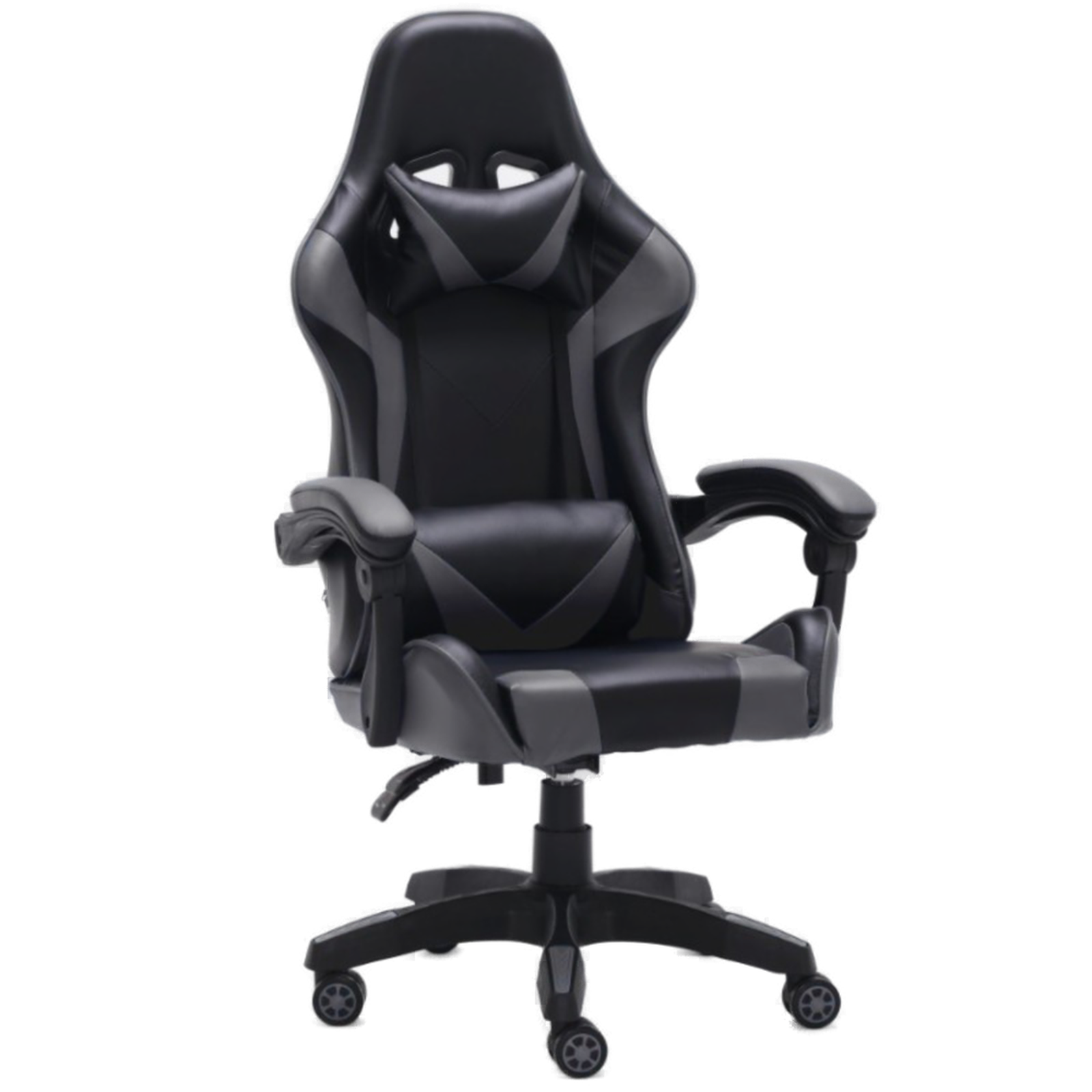 Czarny i szary fotel gamingowy. Posiada zagłówek, oparcie, podłokietniki i kółka.