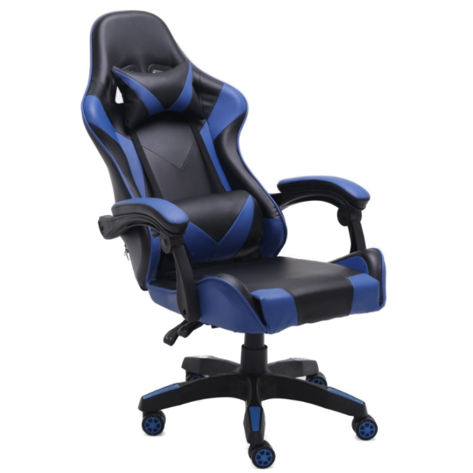 Czarny i niebieski fotel do gier na czarnym tle.