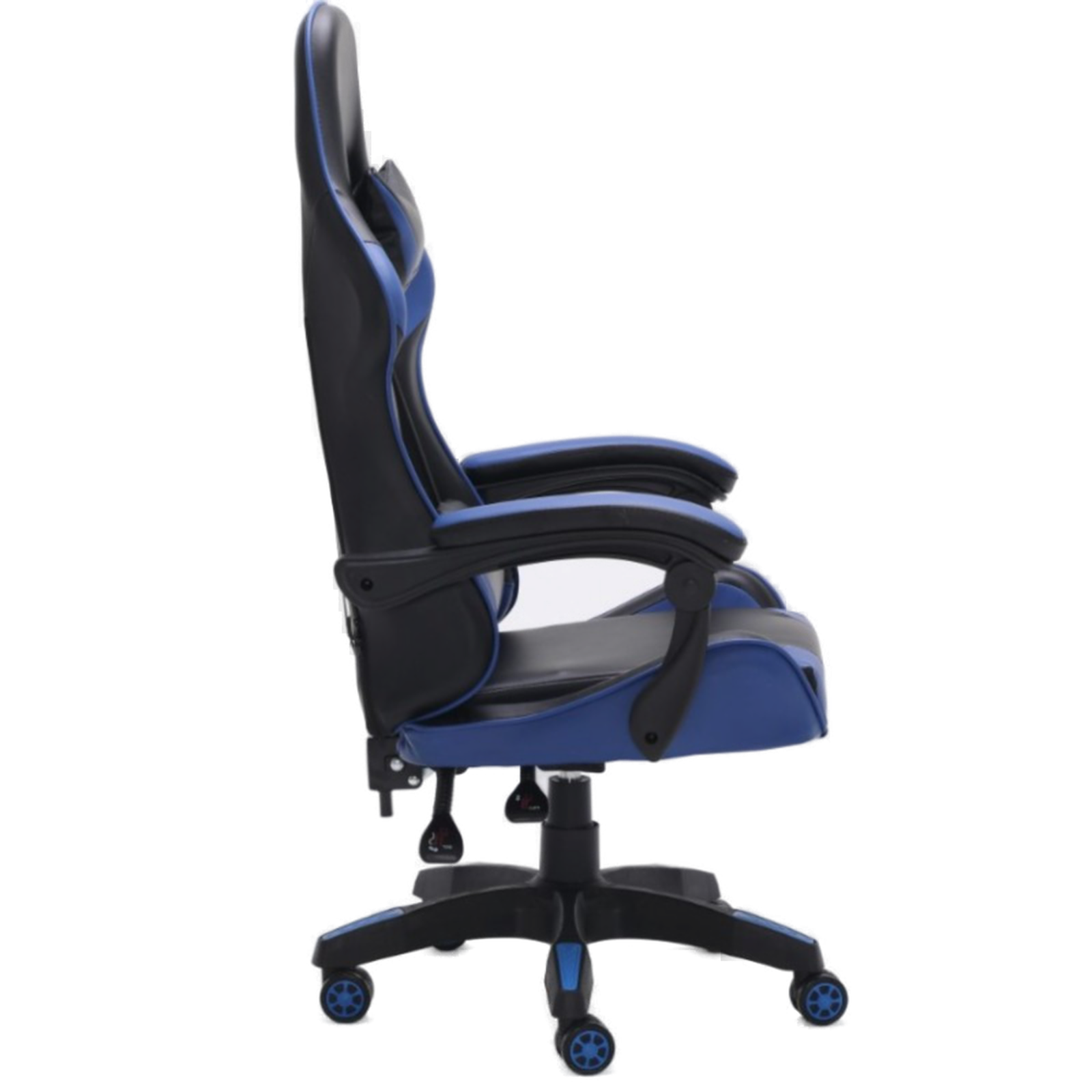 Widok z boku niebiesko-czarnego krzesła gamingowego z kółkami.