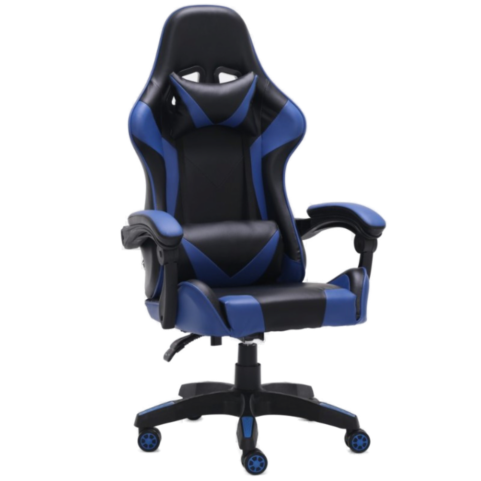 Czarny i niebieski fotel gamingowy z zagłówkiem, podłokietnikami i kółkami. Krzesło jest odizolowane.