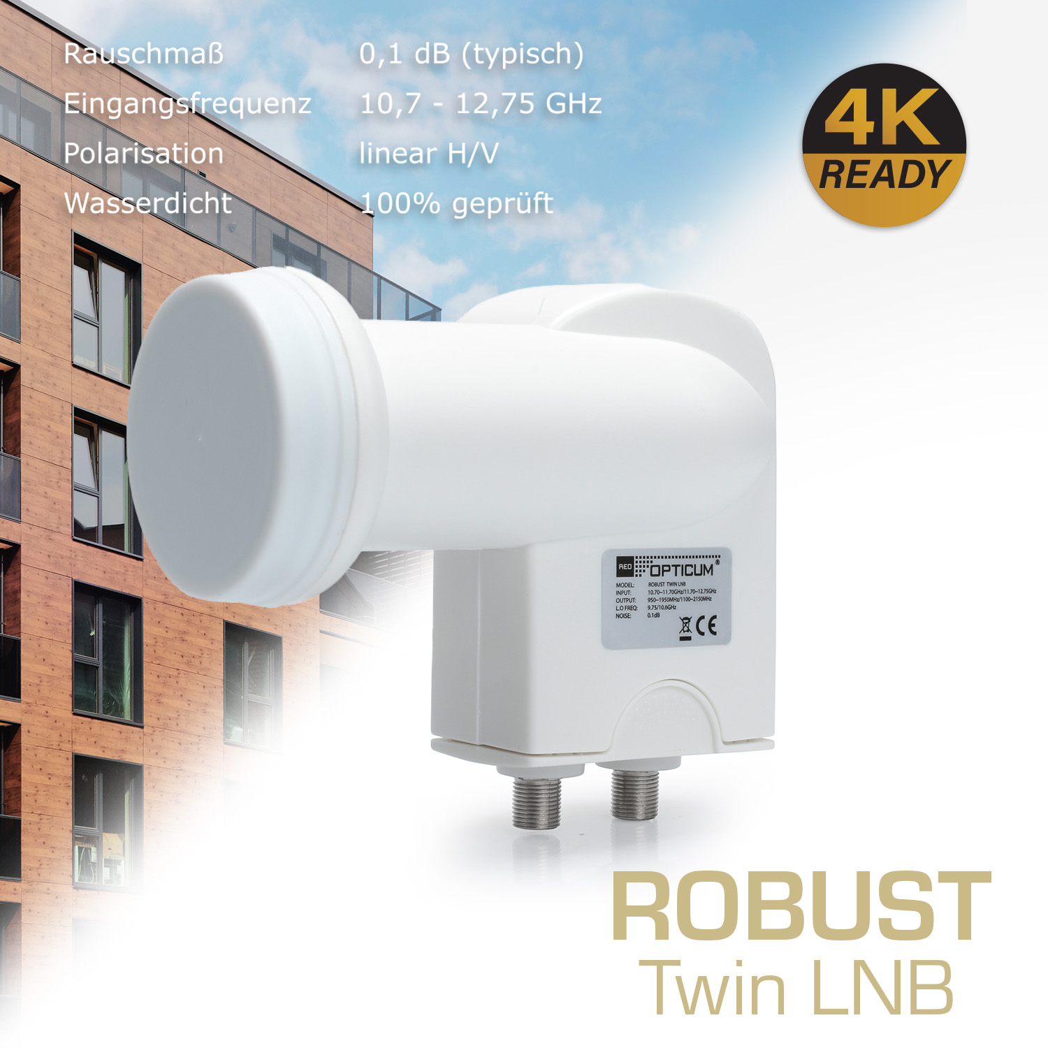 Weißer Satellitenempfänger. 4K-fähig. Text: Robust Twin LNB.