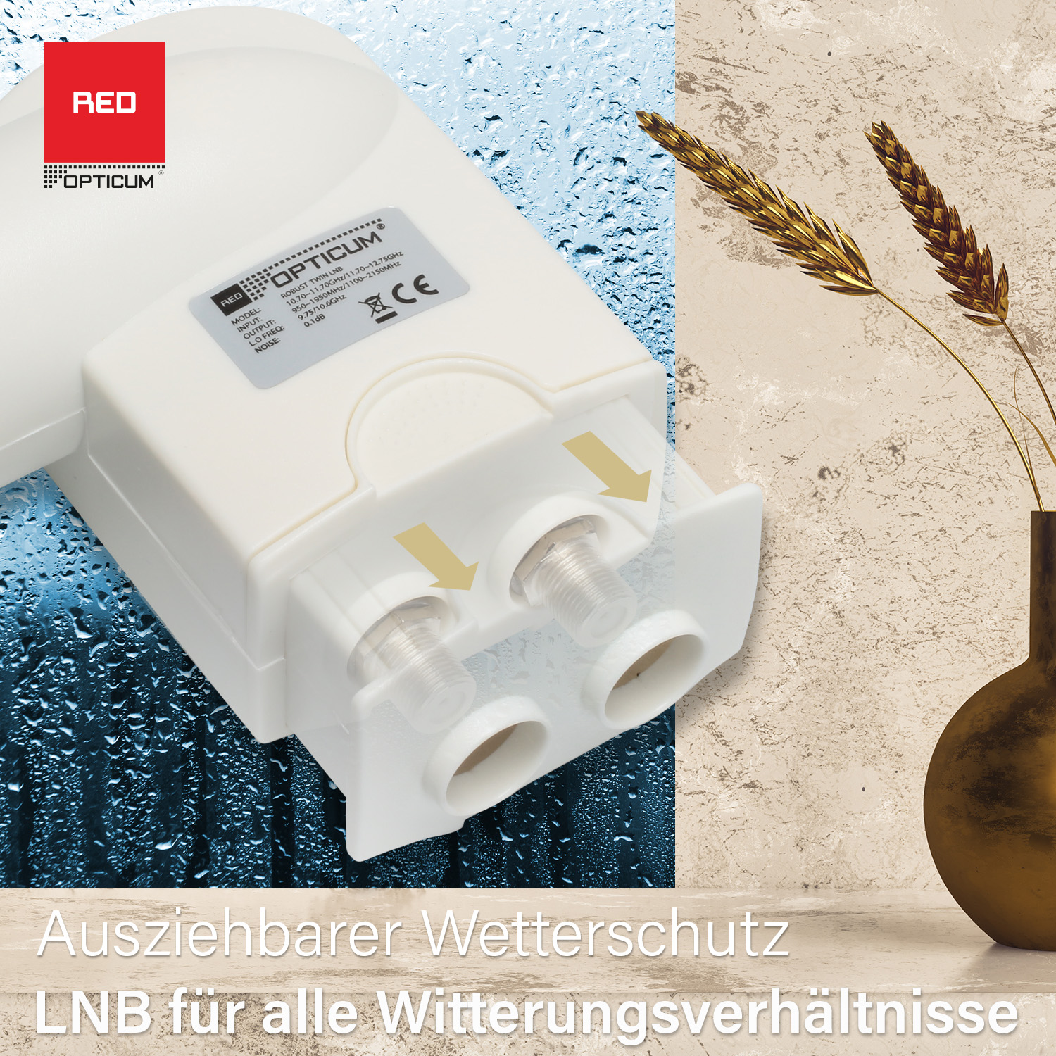 Weißes Satellitenschüssel-Bauteil mit Text und zwei transparenten Röhren mit Pfeilen. Blauer und brauner Hintergrund.