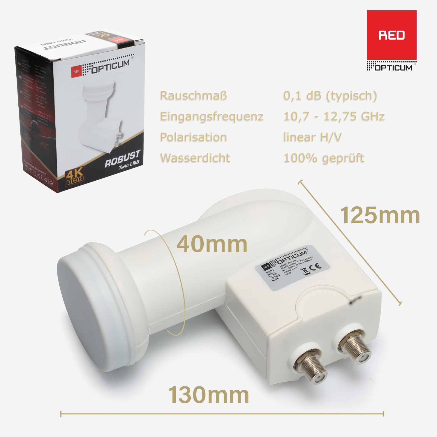 Weißer Satellitenempfänger mit Maßen und Beschriftungen. Box mit Produktdetails links sichtbar.