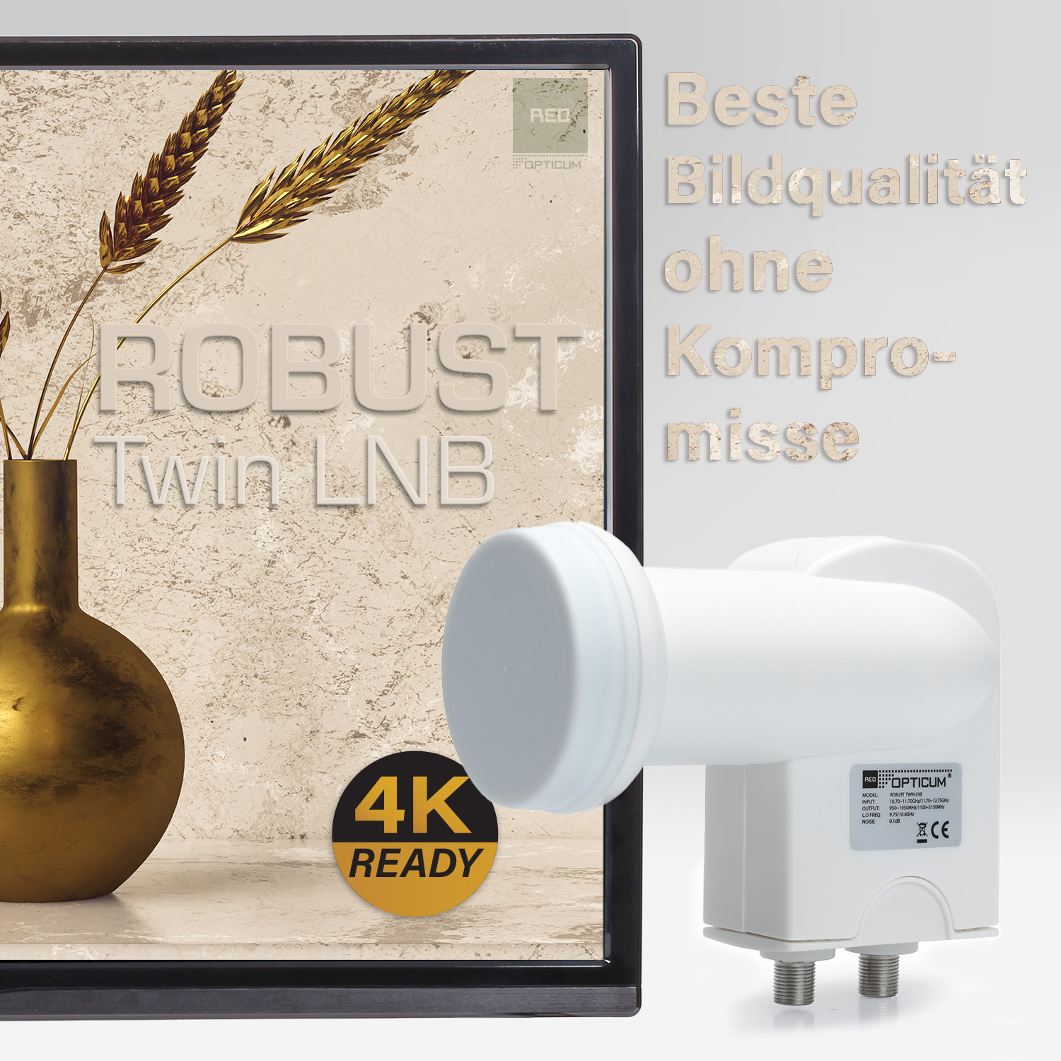 Twin LNB mit goldener Vase und Pflanze. Text sagt 'Robust Twin LNB' und '4K READY'.