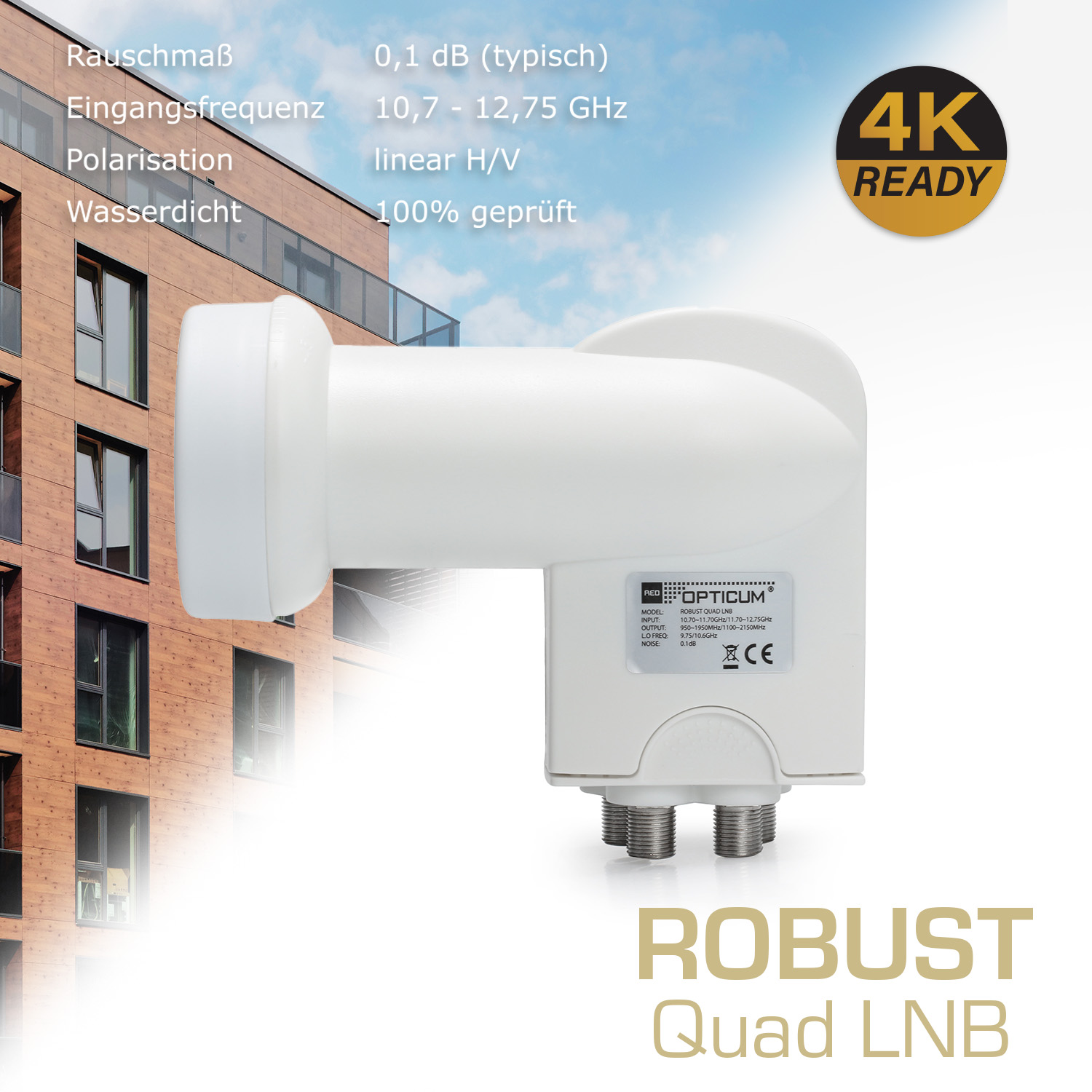 Weißes LNB mit Text. 4K Ready und Robust Quad LNB Text.