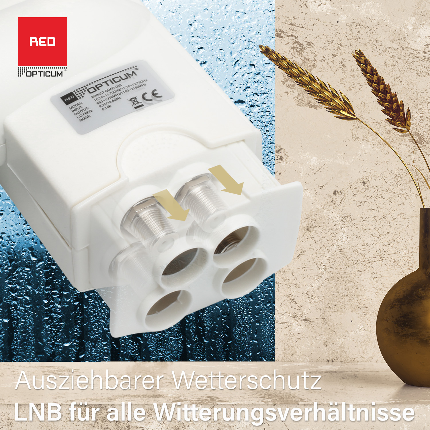 Weißes Gerät mit Anschlüssen, LNB für alle Wetterbedingungen. Goldene Weizenähren in Vase.