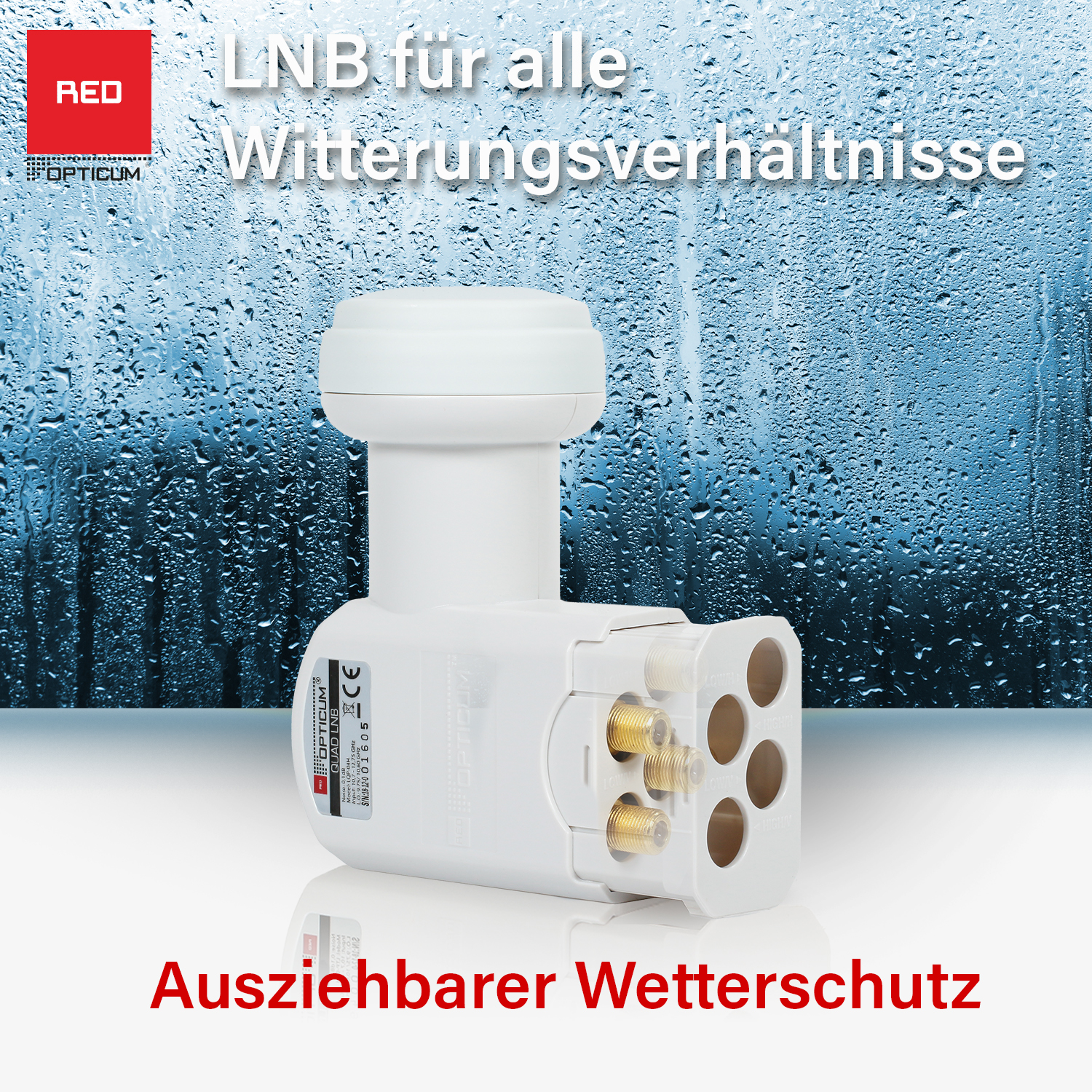 Weißes Satelliten-LNB mit dem Text 'LNB für alle Wetterbedingungen'.