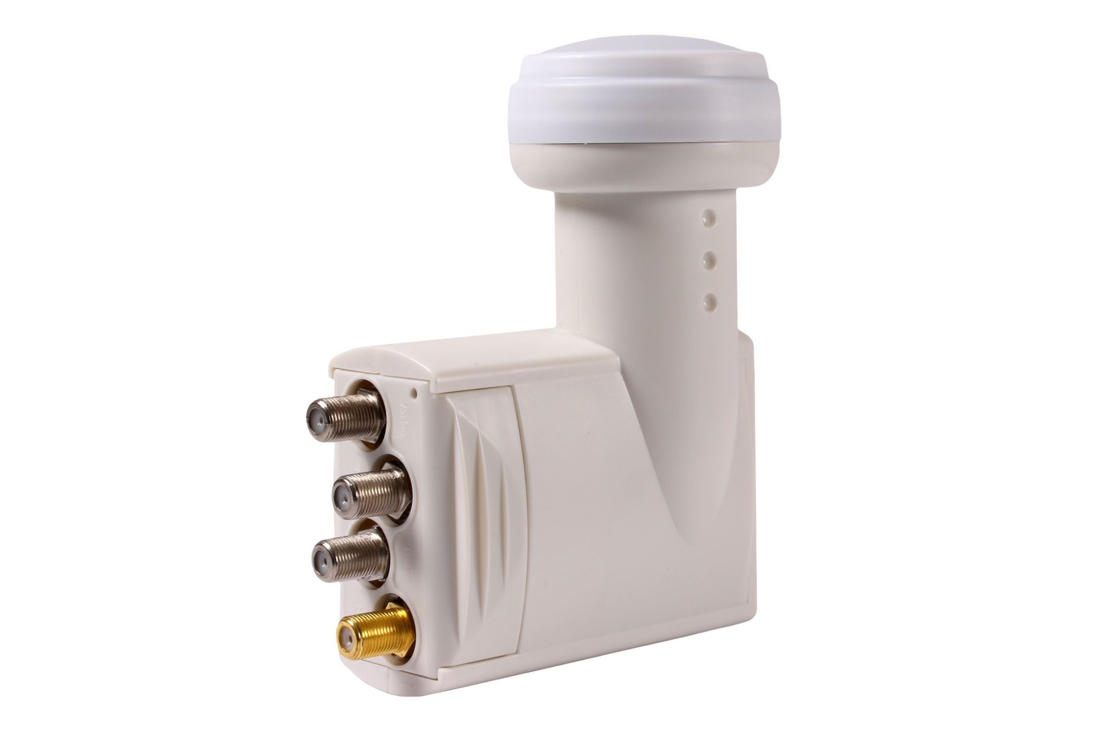Weißer Satelliten-LNB mit drei Anschlüssen. Isoliert auf weißem Hintergrund.