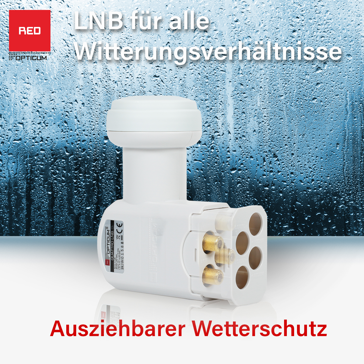 Weißes LNB für alle Wetterbedingungen. Es hat mehrere Anschlüsse und ein weißes Gehäuse.