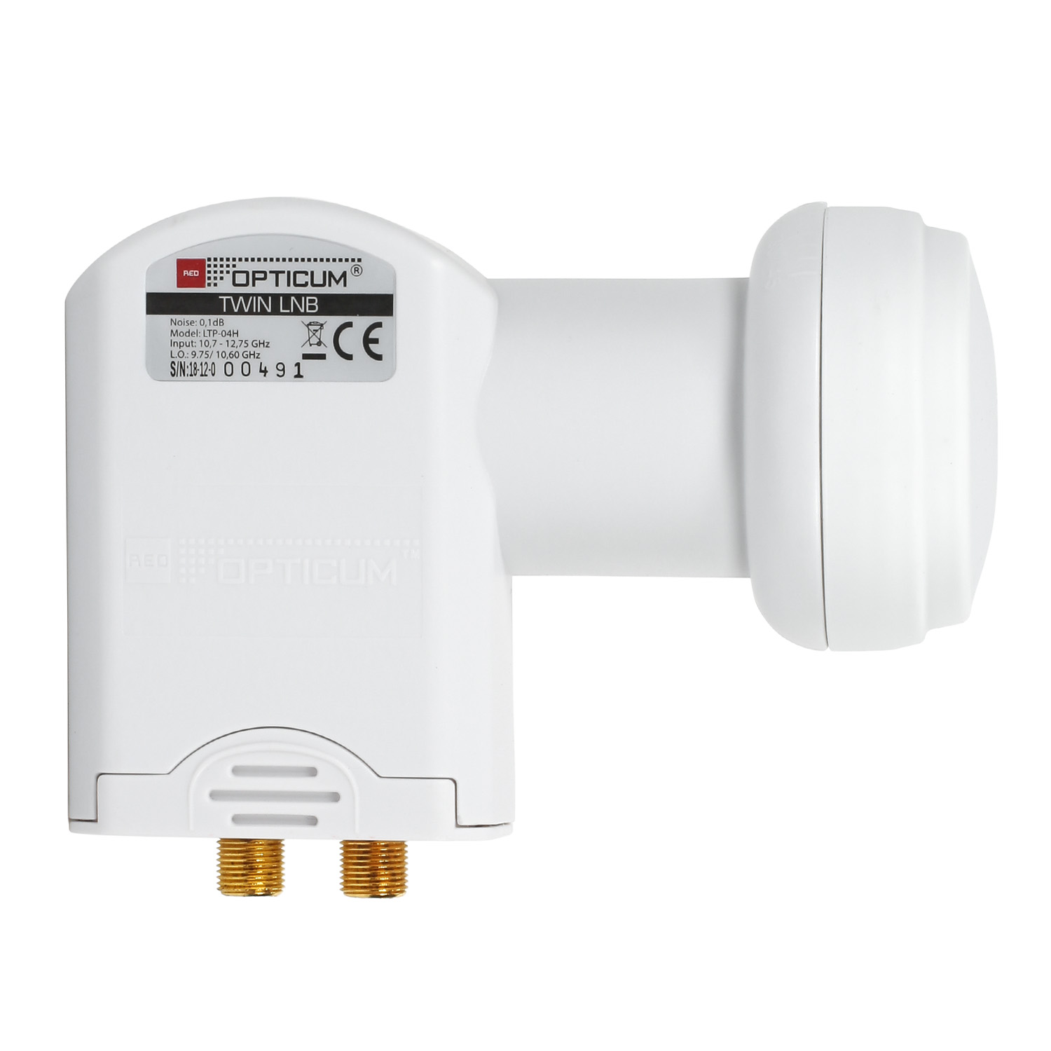 Weißes Satelliten-LNB. Rechteckige Form, mit Etikett. Zwei goldfarbene Anschlüsse unten.