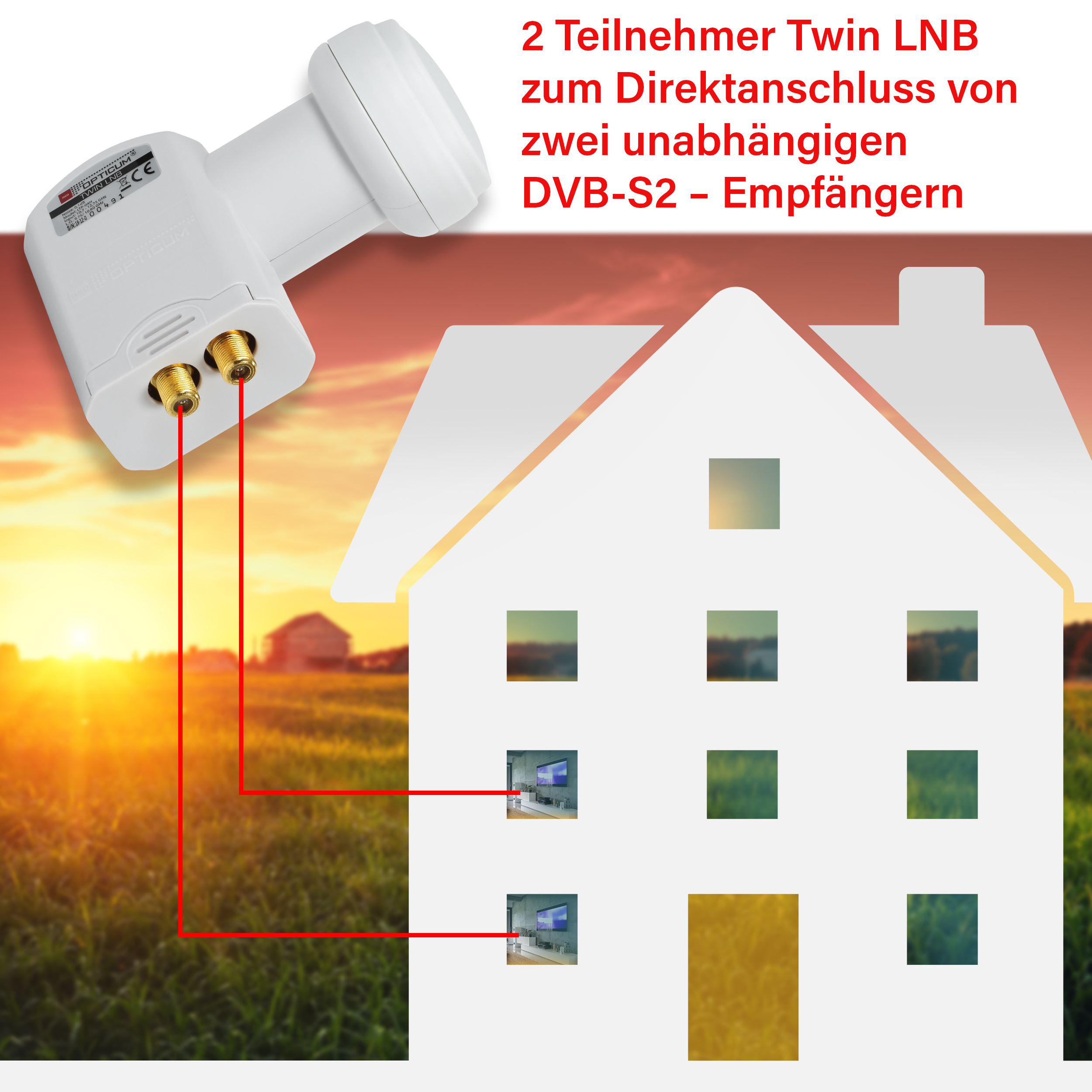 3D (60 cm, Twin Sat LNB OPTICUM cm QA60 - aus - LNB ziegelrot LNB LTP-04H 60 HD Stahl mit Teilnehmer) 4K 2 & Halterung & LTP-04H RED Satellitenanlage Antenne Twin
