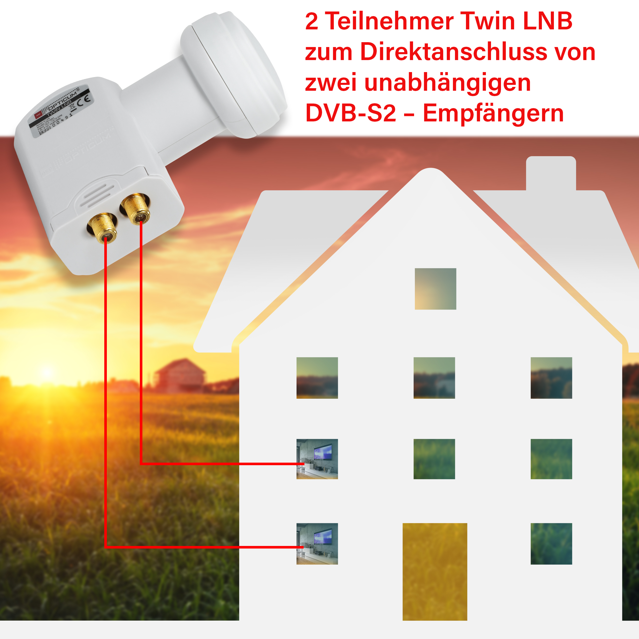 Satelliten-LNB mit roten Kabeln, die mit einer Hausillustration verbunden sind.