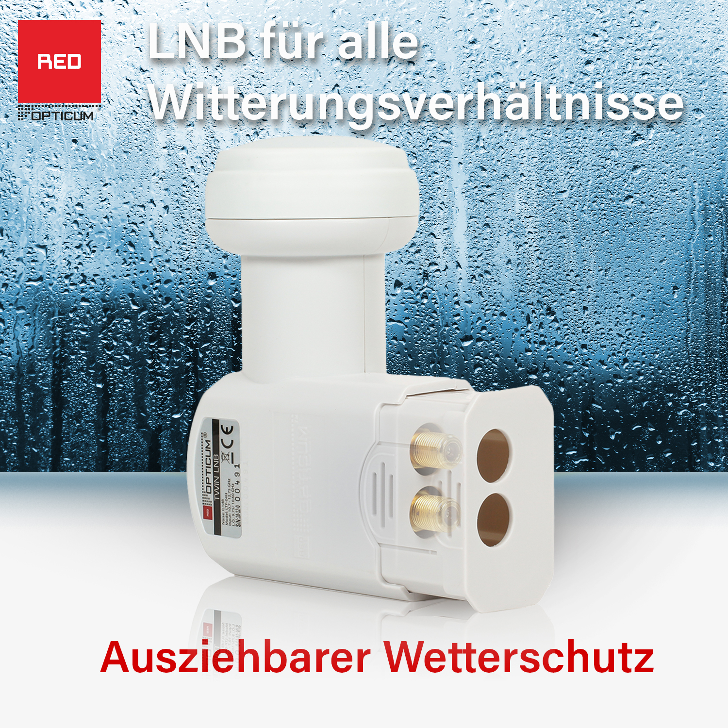 Weißer LNB-Empfänger mit Text auf regnerischem Hintergrund.