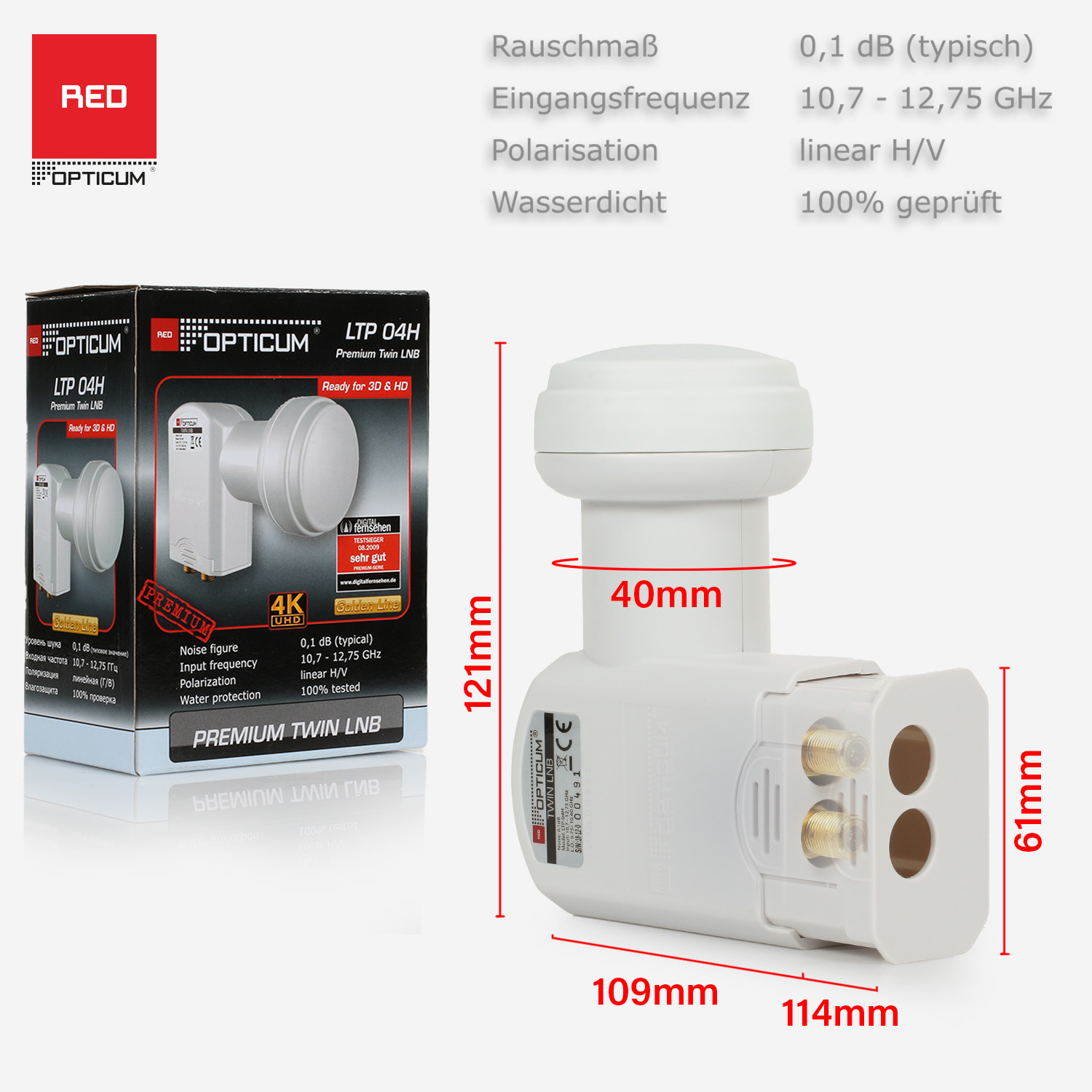 Ein weißes LNB mit Box und Maßen, technische Daten werden gezeigt.