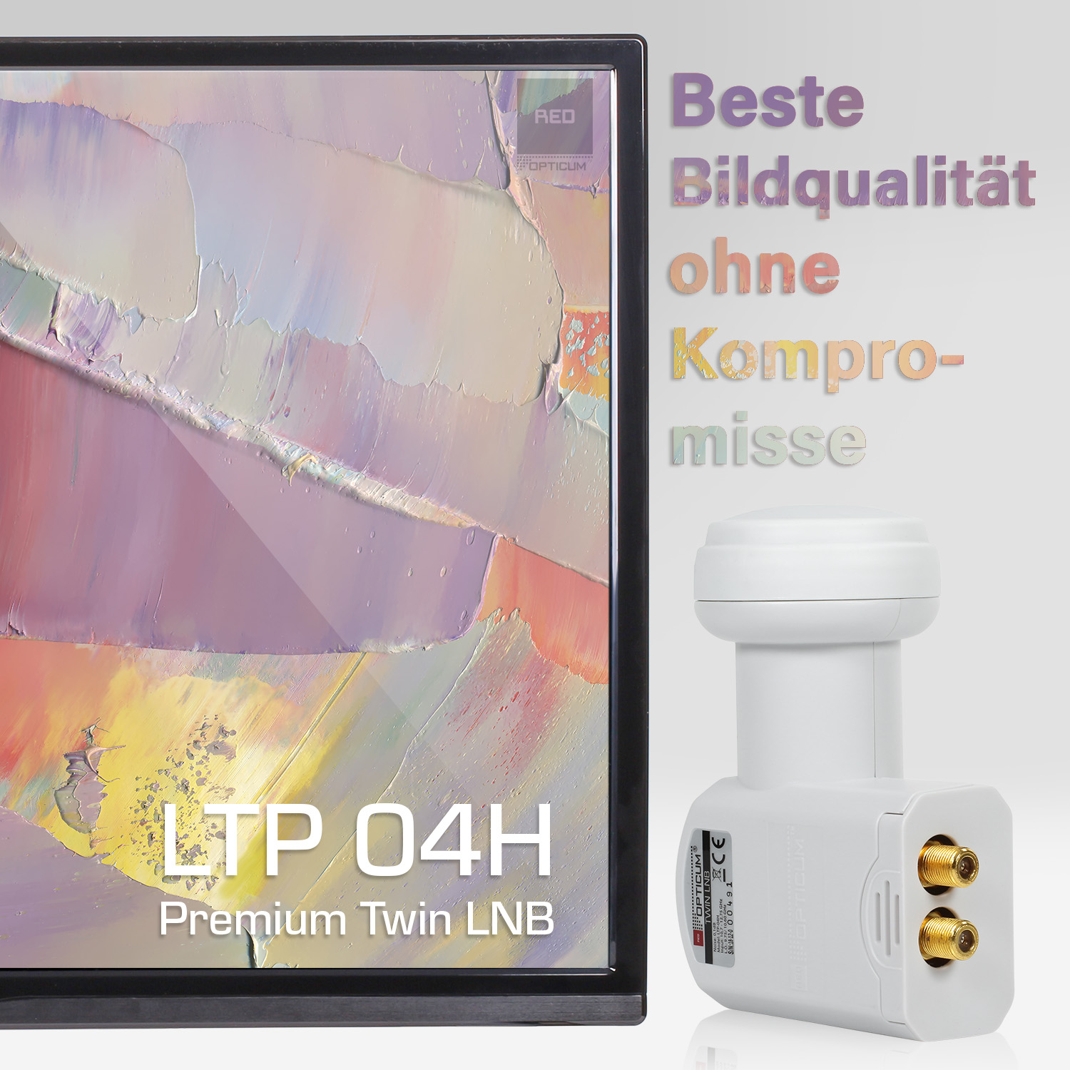 Ein Fernsehbildschirm und ein weißes LNB. Der Text hebt hervor: beste Bildqualität ohne Kompromisse.