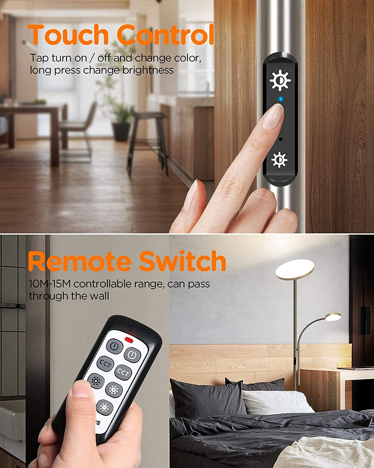 Eine Touch-Steuerung und ein Fernschalter für eine Lampe, mit einem Bett im Hintergrund.