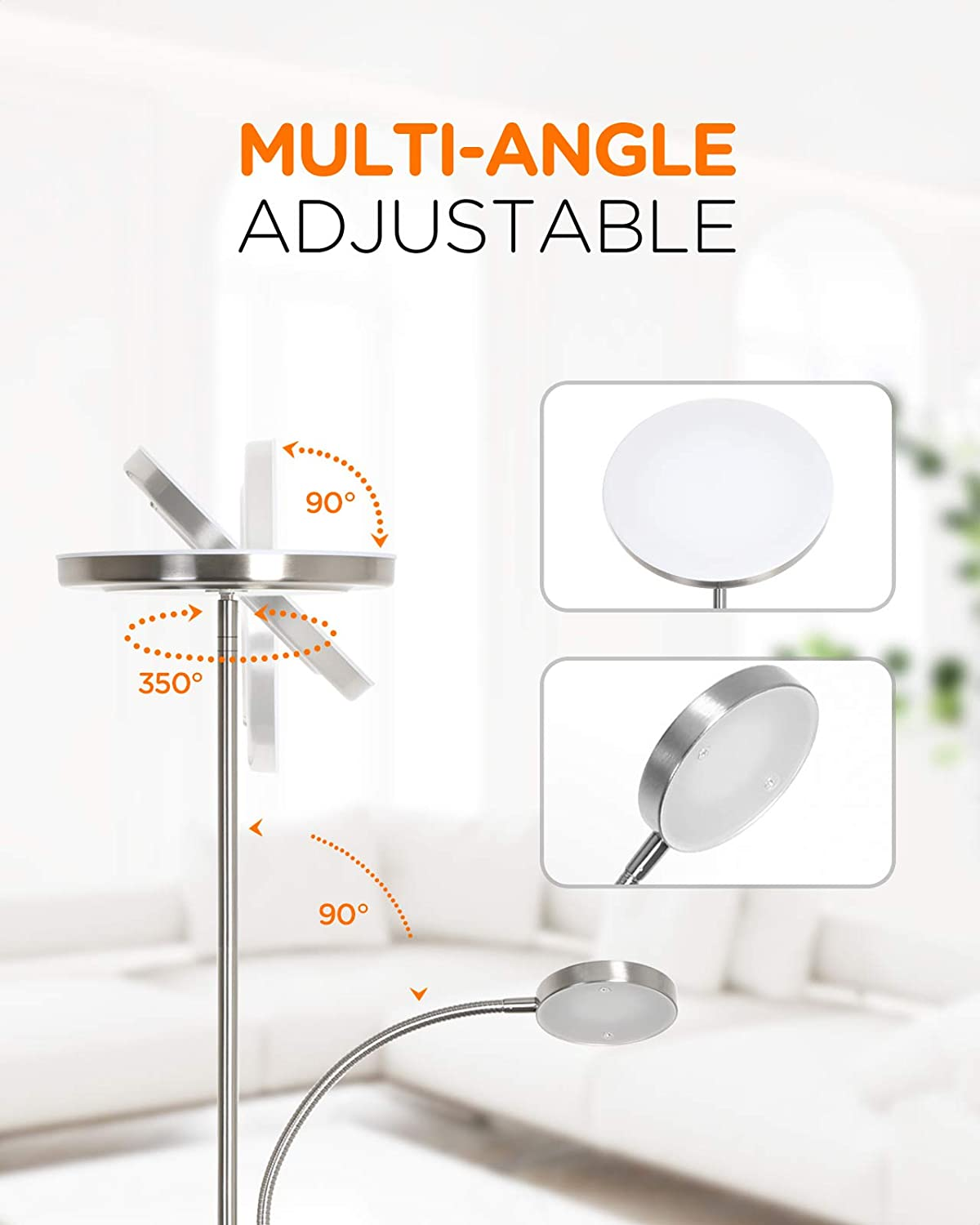 Silberne, verstellbare Stehlampe. Lampenkopf und Seitenarm drehbar. Text: Multi-Winkel einstellbar.