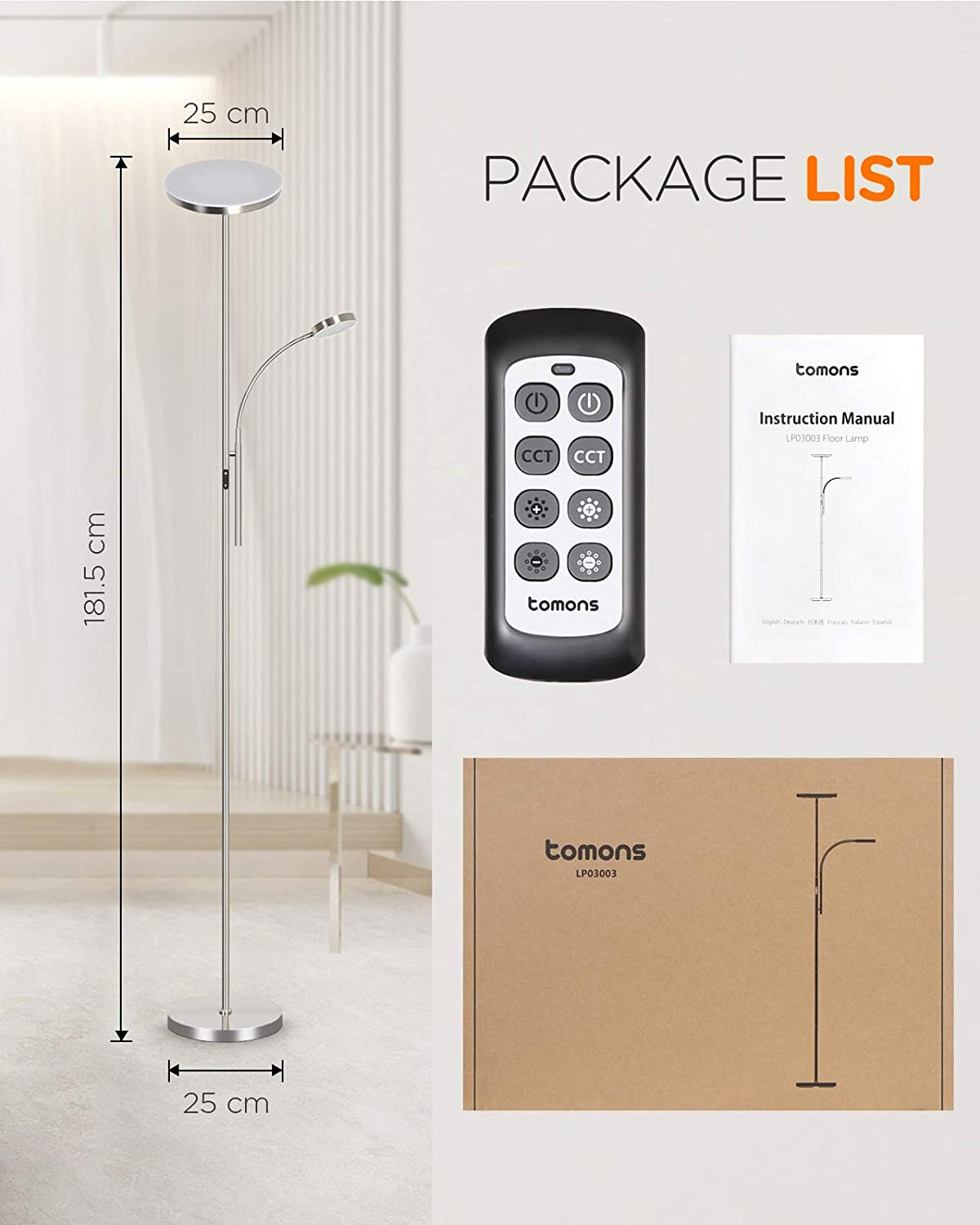 Eine silberne Stehlampe mit Bogen und rundem Kopf. Enthält Fernbedienung, Bedienungsanleitung und Verpackung.