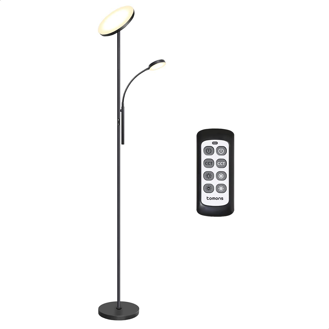 Schwarze Stehlampe mit zwei Leuchten und Fernbedienung. Schwarzer runder Sockel.