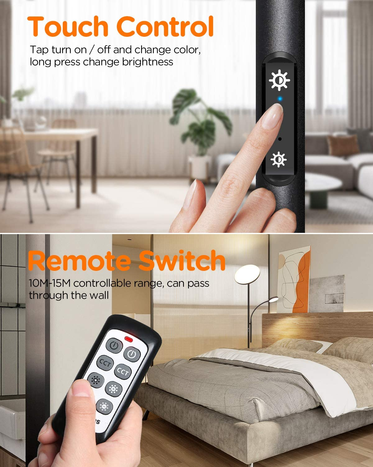 Person berührt den Lampenschalter. Unten sind Fernbedienung und Lampe mit Schlafzimmer im Hintergrund zu sehen.
