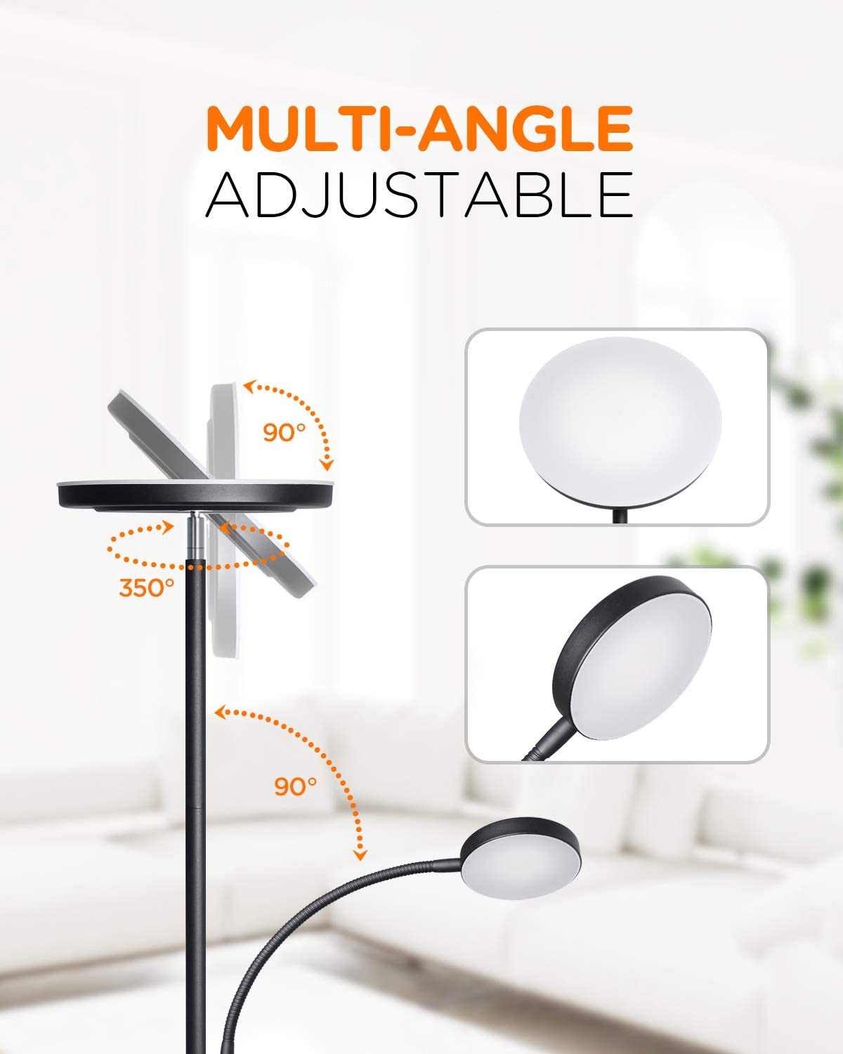 Multi-winkel verstellbare Stehlampe mit zwei Leuchten. Es hat flexible Hälse und verschiedene Einstellwinkel.