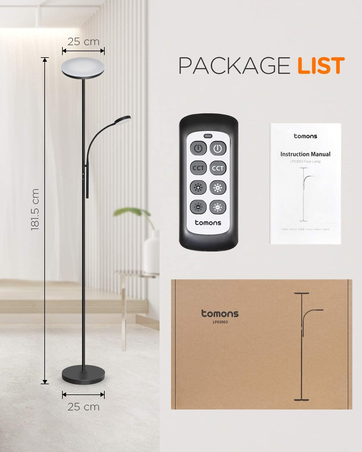 Schwarze Stehlampe mit rundem Kopf, kleinerem Winkel-Licht und Paketliste mit Maßen.