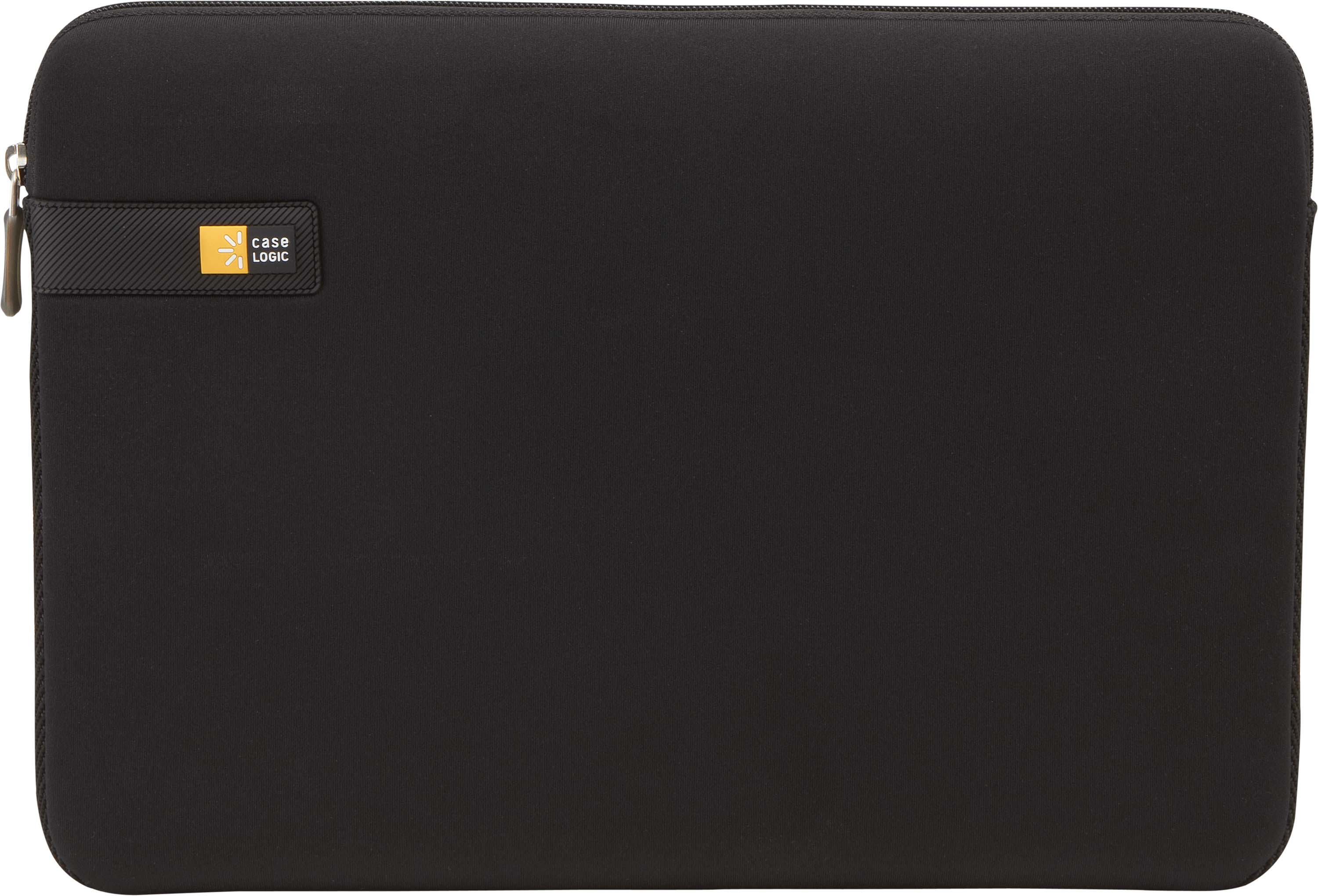 Een zwarte laptoptas met een Case Logic-logo. Het is effen zwart van kleur met een rits en een Case Logic-label.
