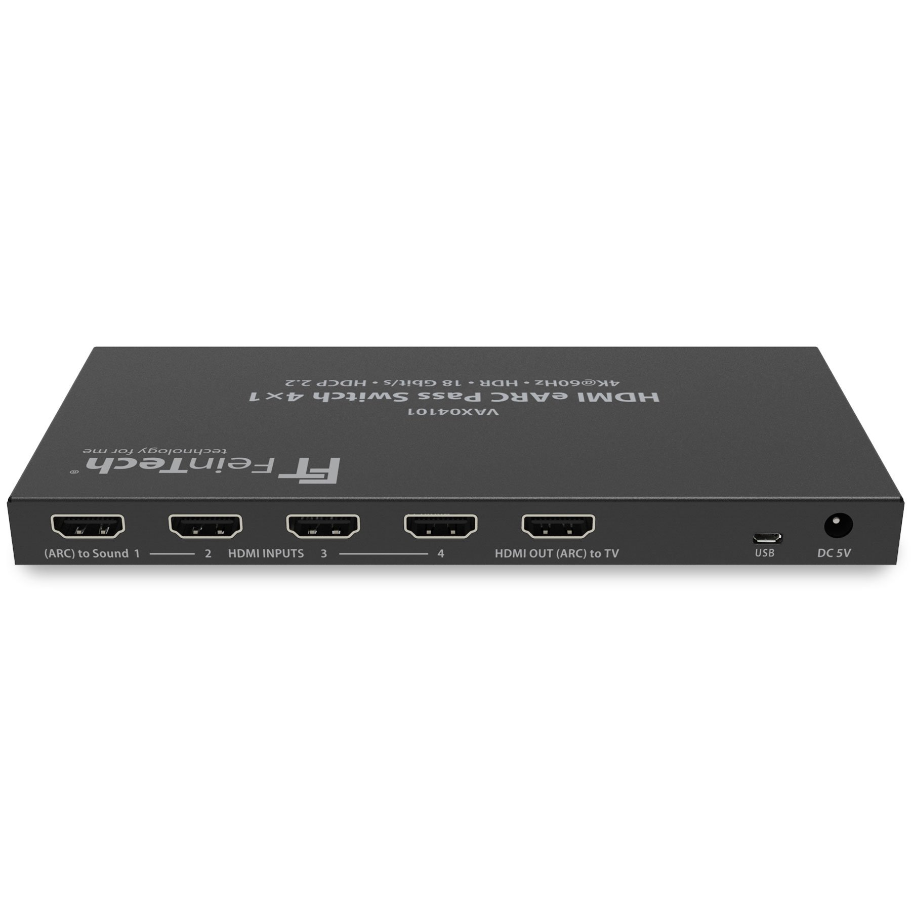 Switch HDMI nero con più porte di ingresso e uscita, etichettato.
