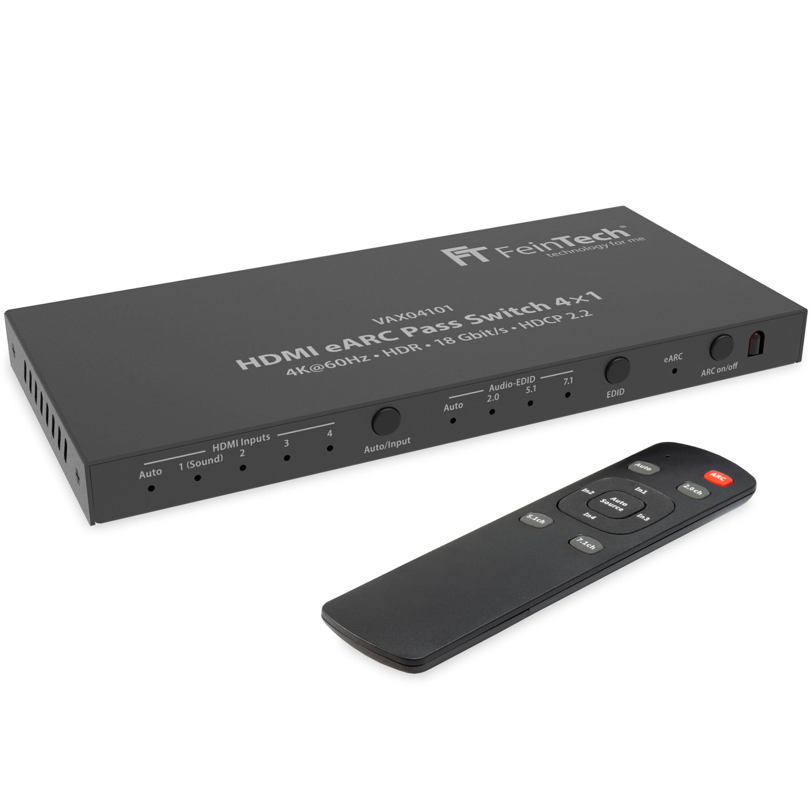 Switch HDMI eARC nero con telecomando. Sono visibili varie porte di ingresso.