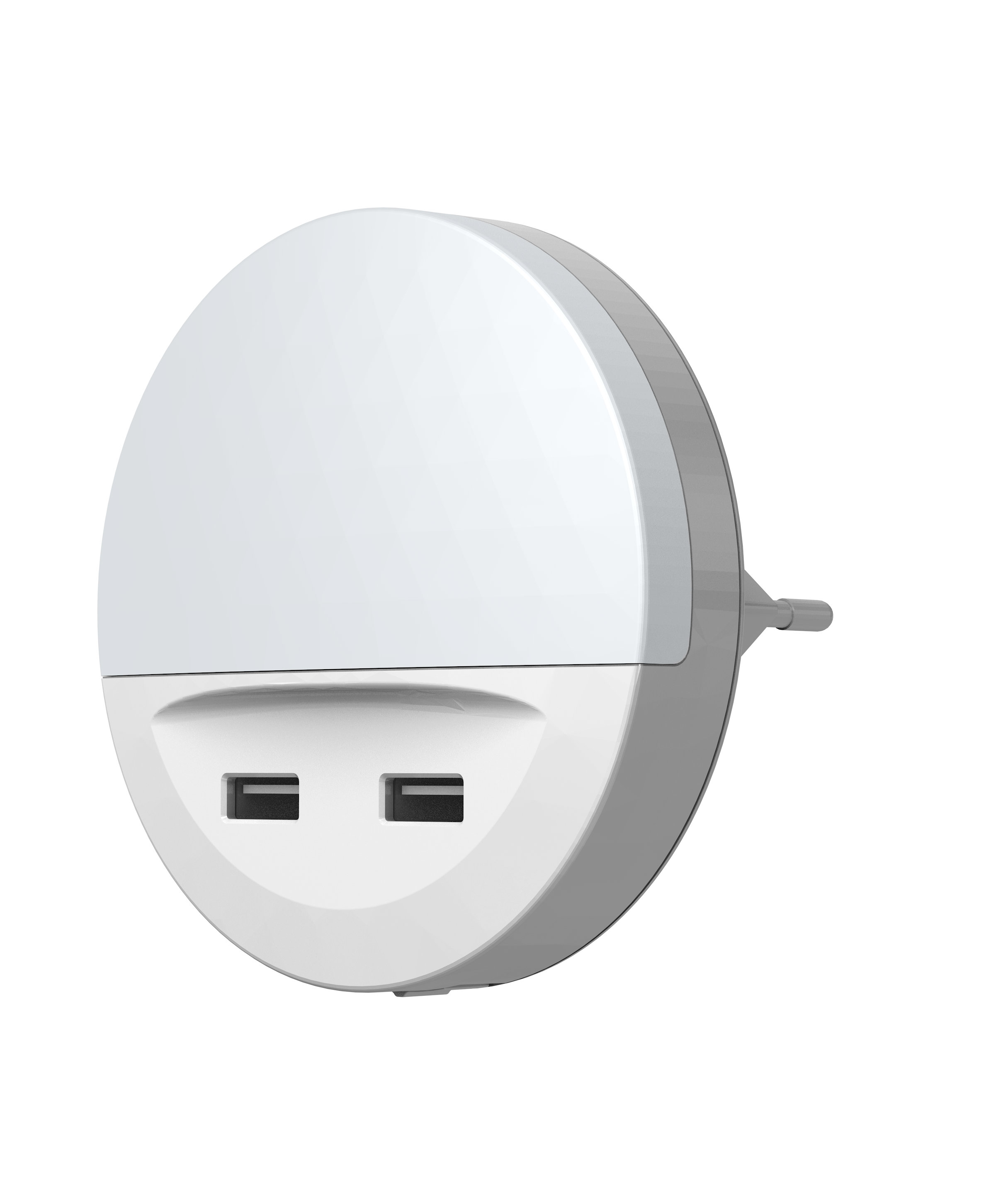 Weißes, rundes Nachtlicht mit zwei USB-Anschlüssen.