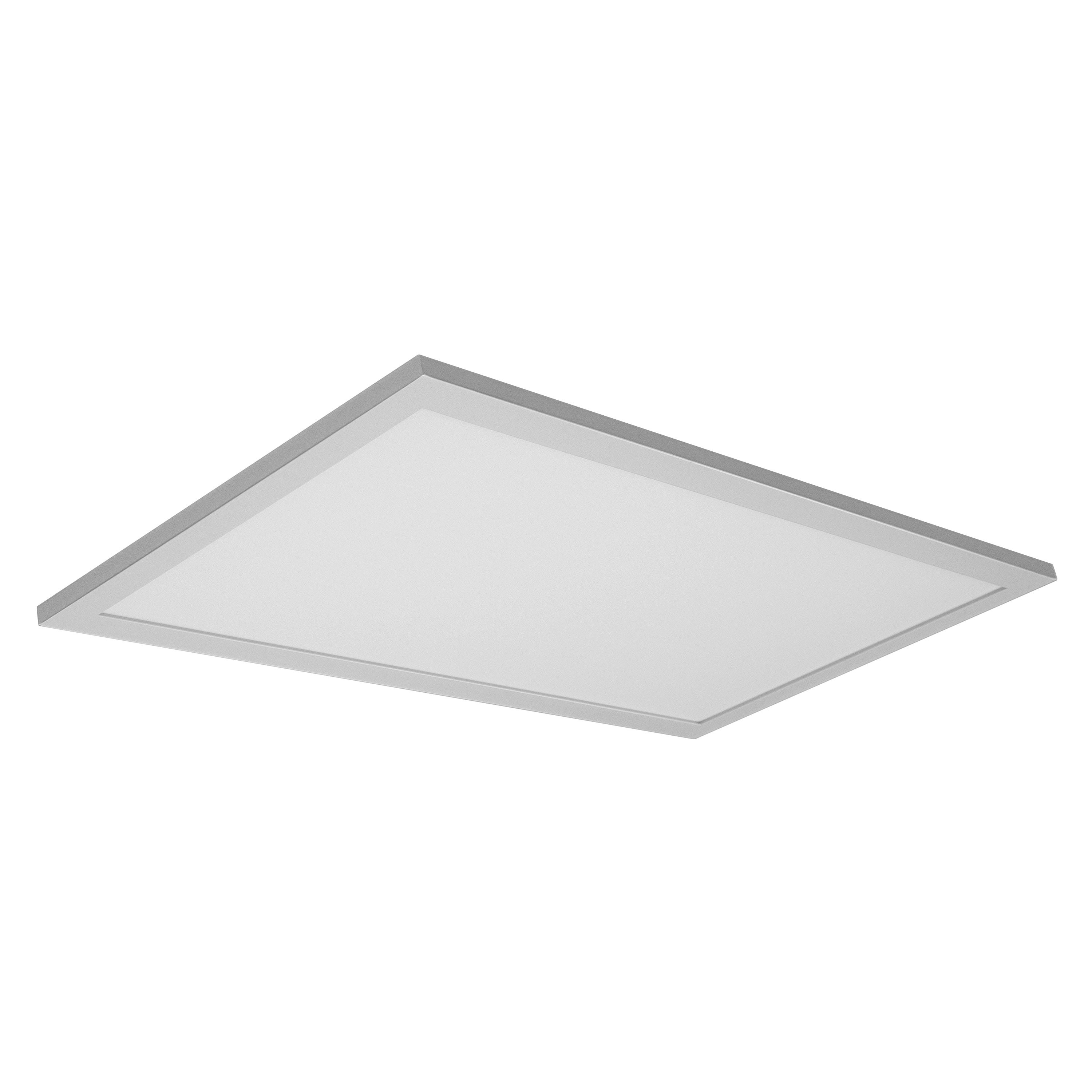 Eine rechteckige LED-Panel-Leuchte mit silbernem Rahmen. Das Licht ist flach und gleichmäßig beleuchtet.